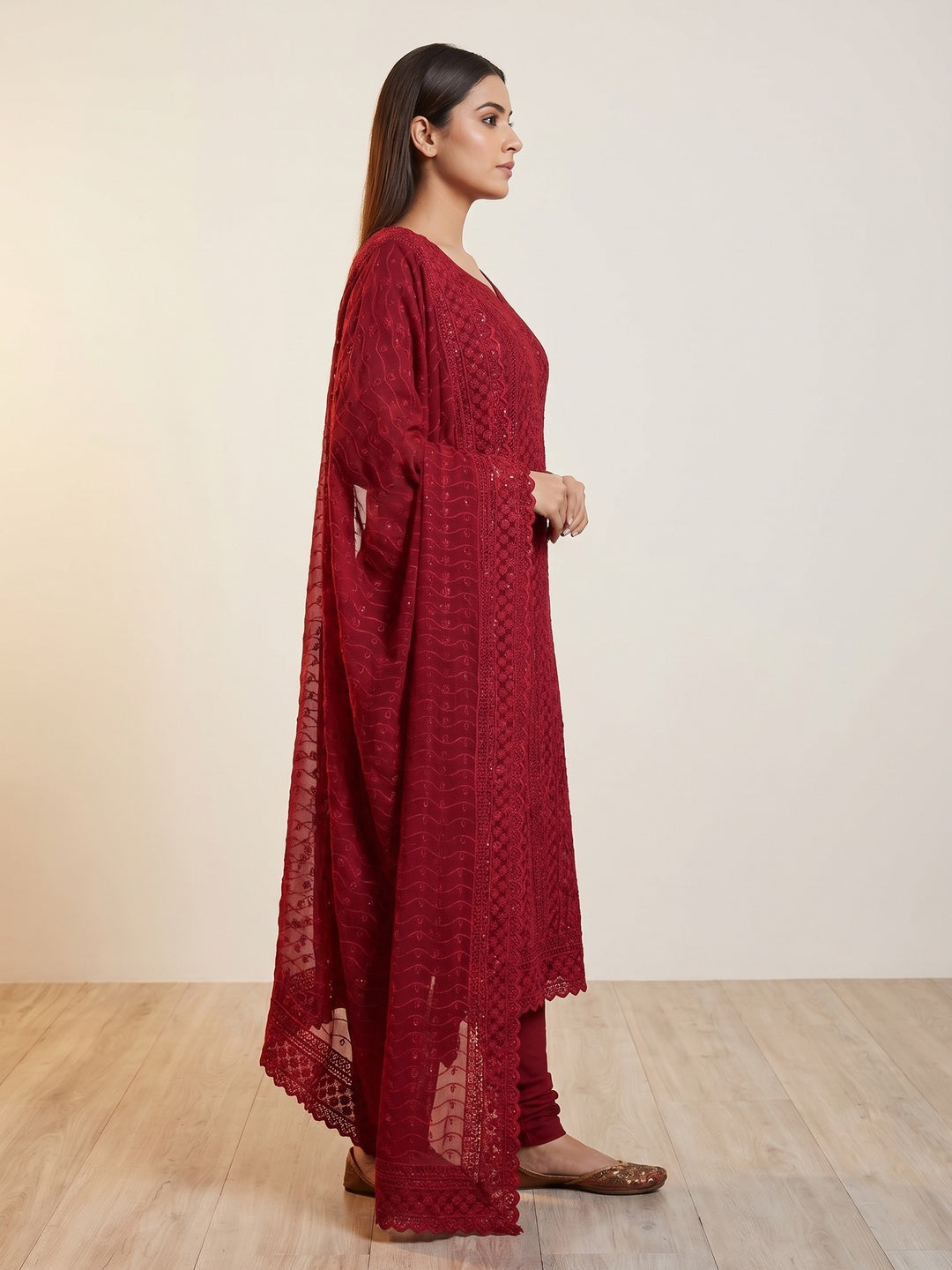 Maroon Lucknowi Embroidered Georgette Suit - Image 2