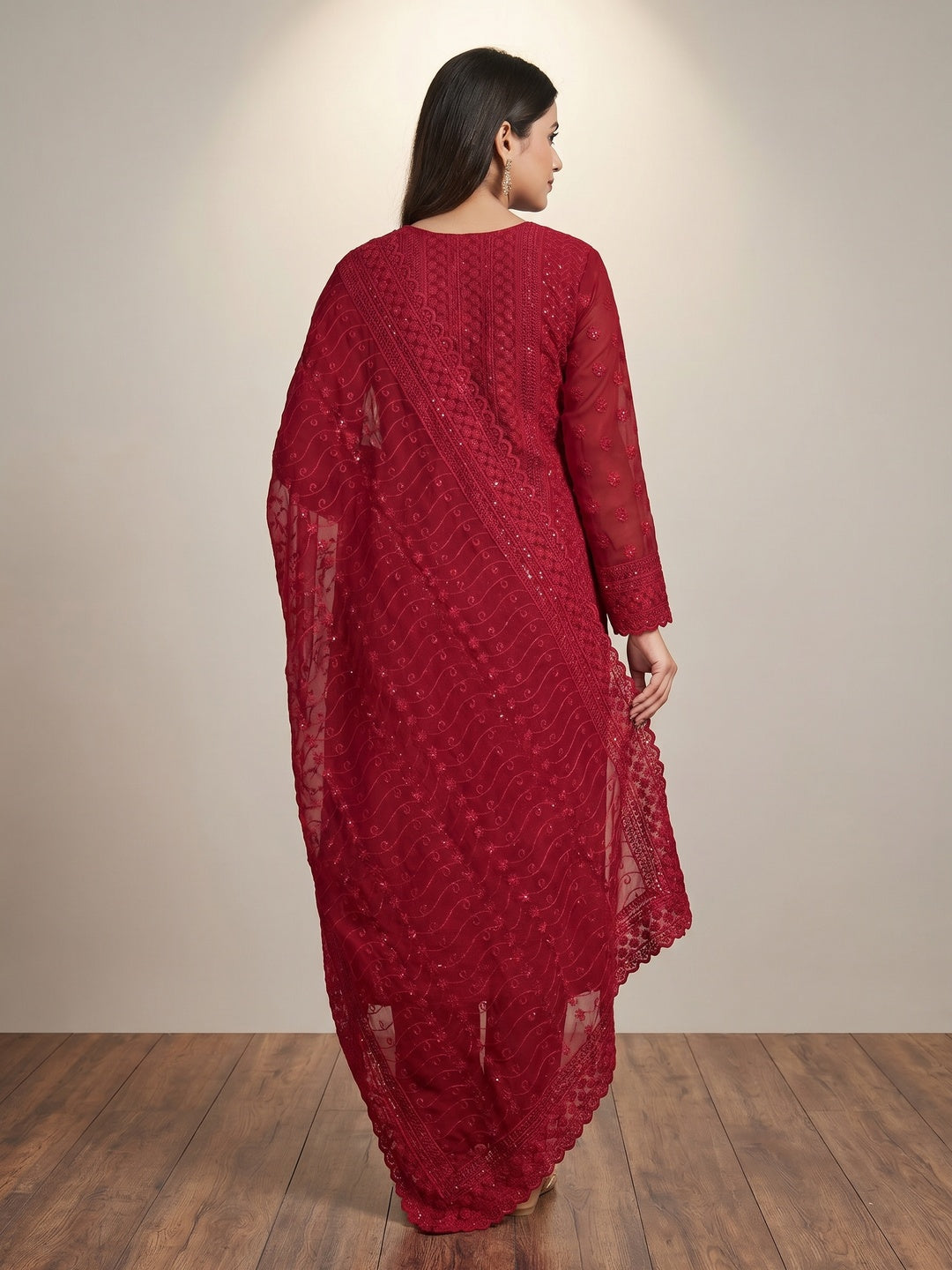 Maroon Lucknowi Embroidered Georgette Suit - Image 3