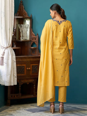 Yellow Floral Embroidered Pure Cotton Suit - Image 1