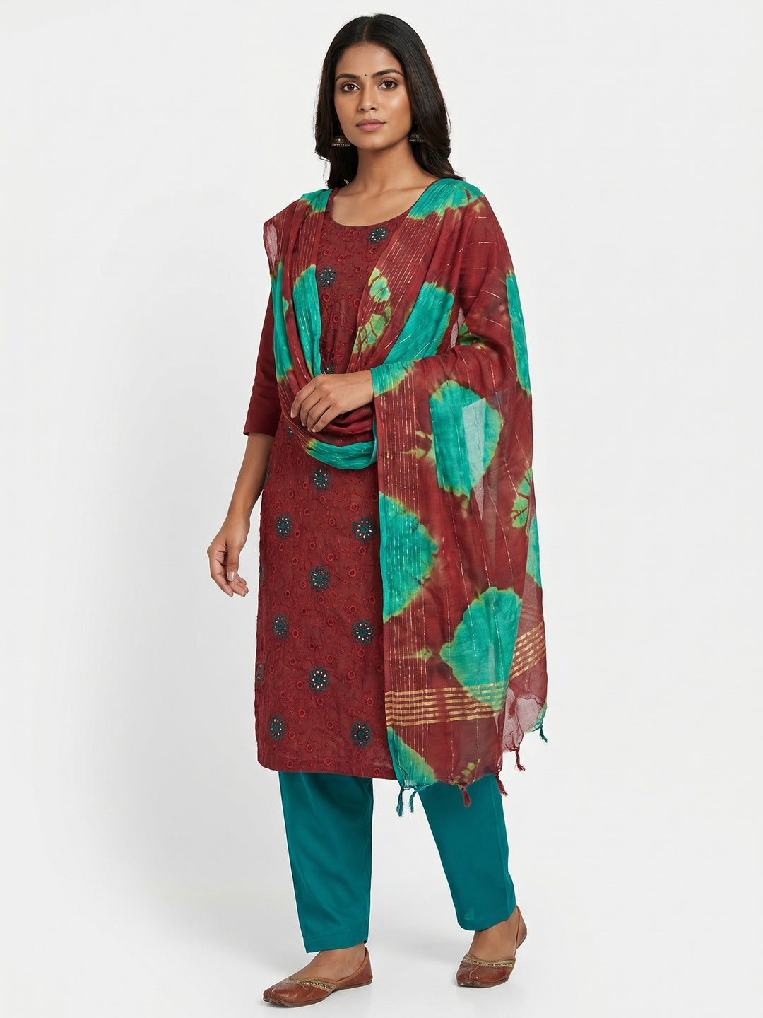 Red Embroidered Sequins Cotton Blend Dress Material - Image 1