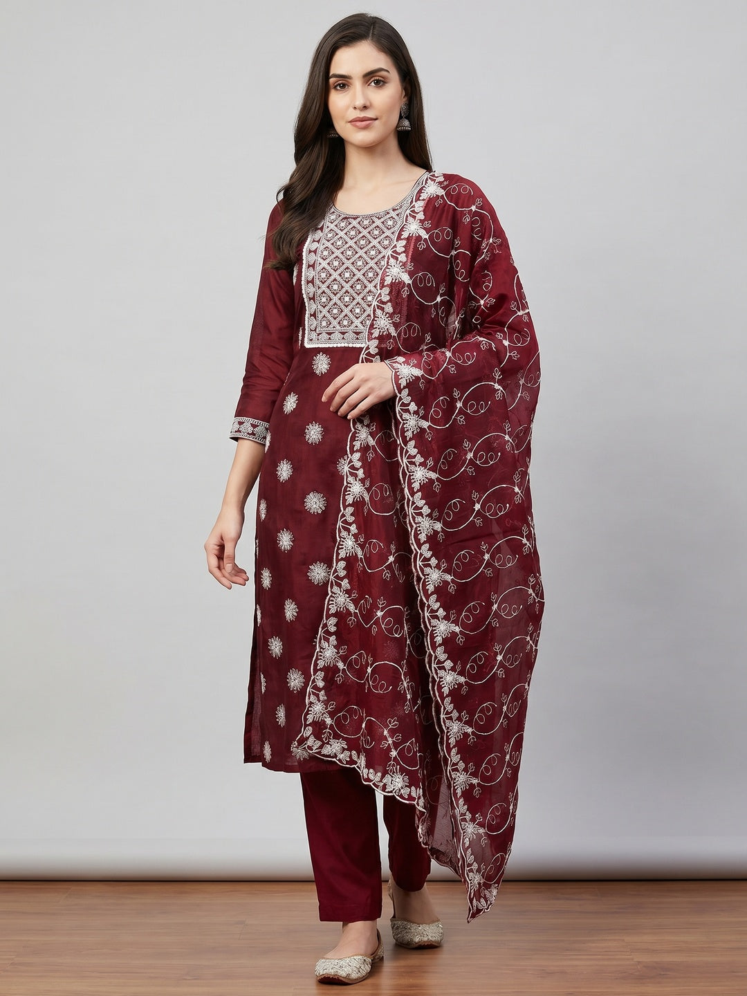 Maroon Floral Embroidered Chanderi Dress Material - Image 1