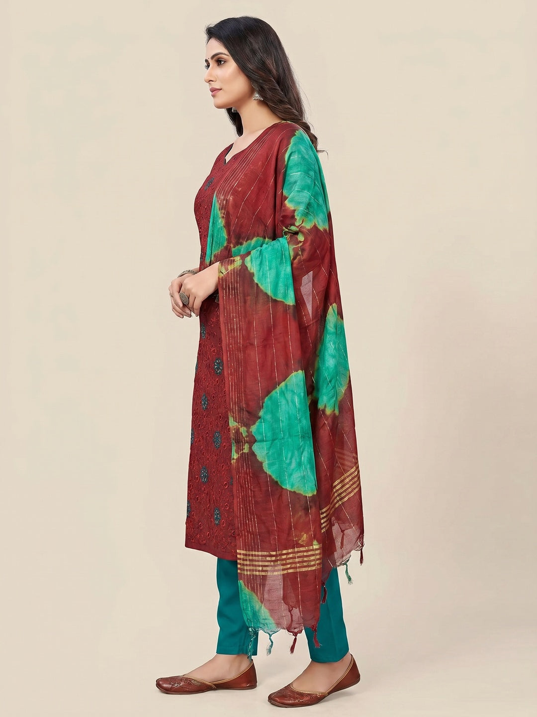 Red Embroidered Sequins Cotton Blend Dress Material - Image 3