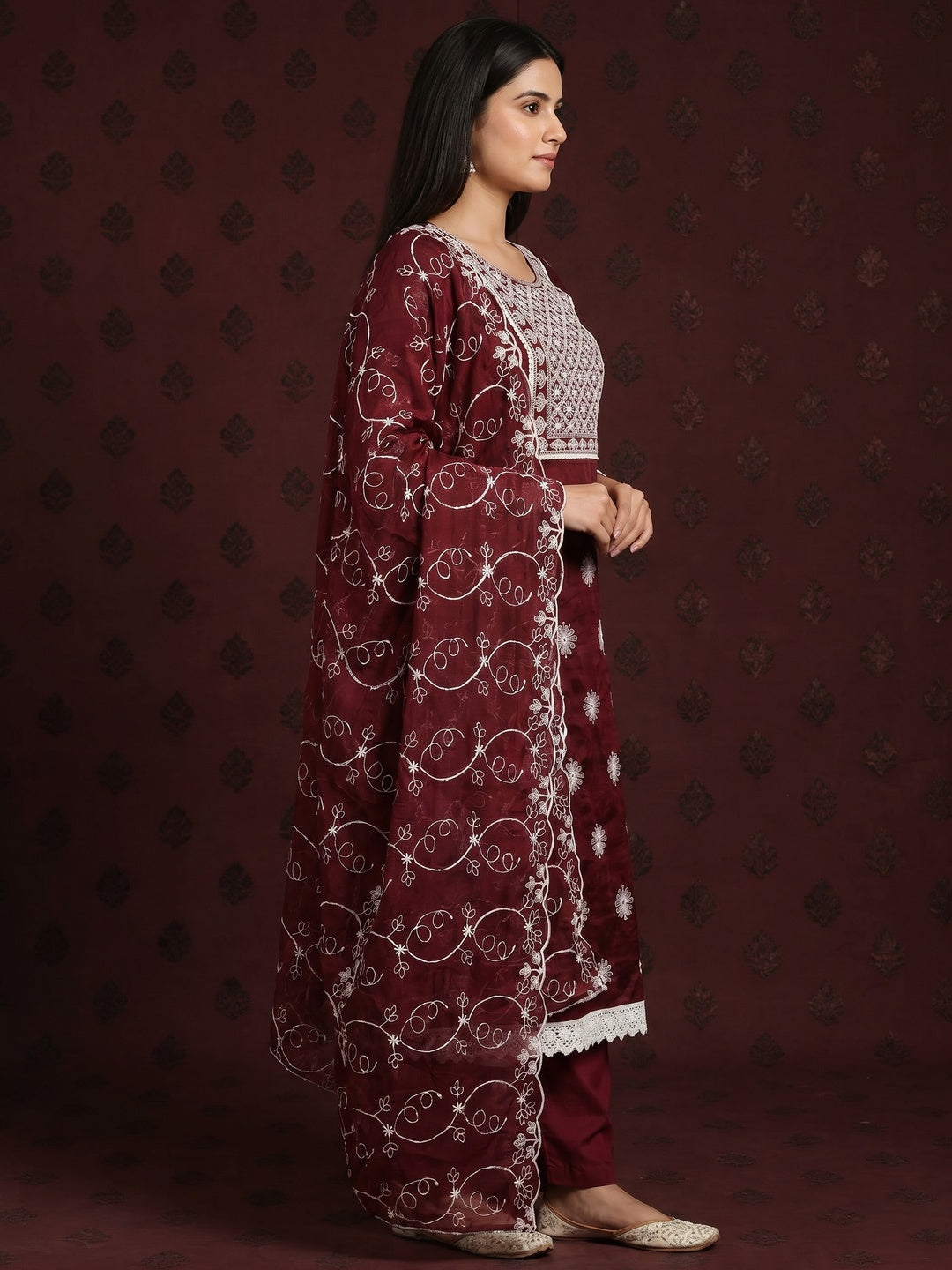 Maroon Floral Embroidered Chanderi Dress Material - Image 3