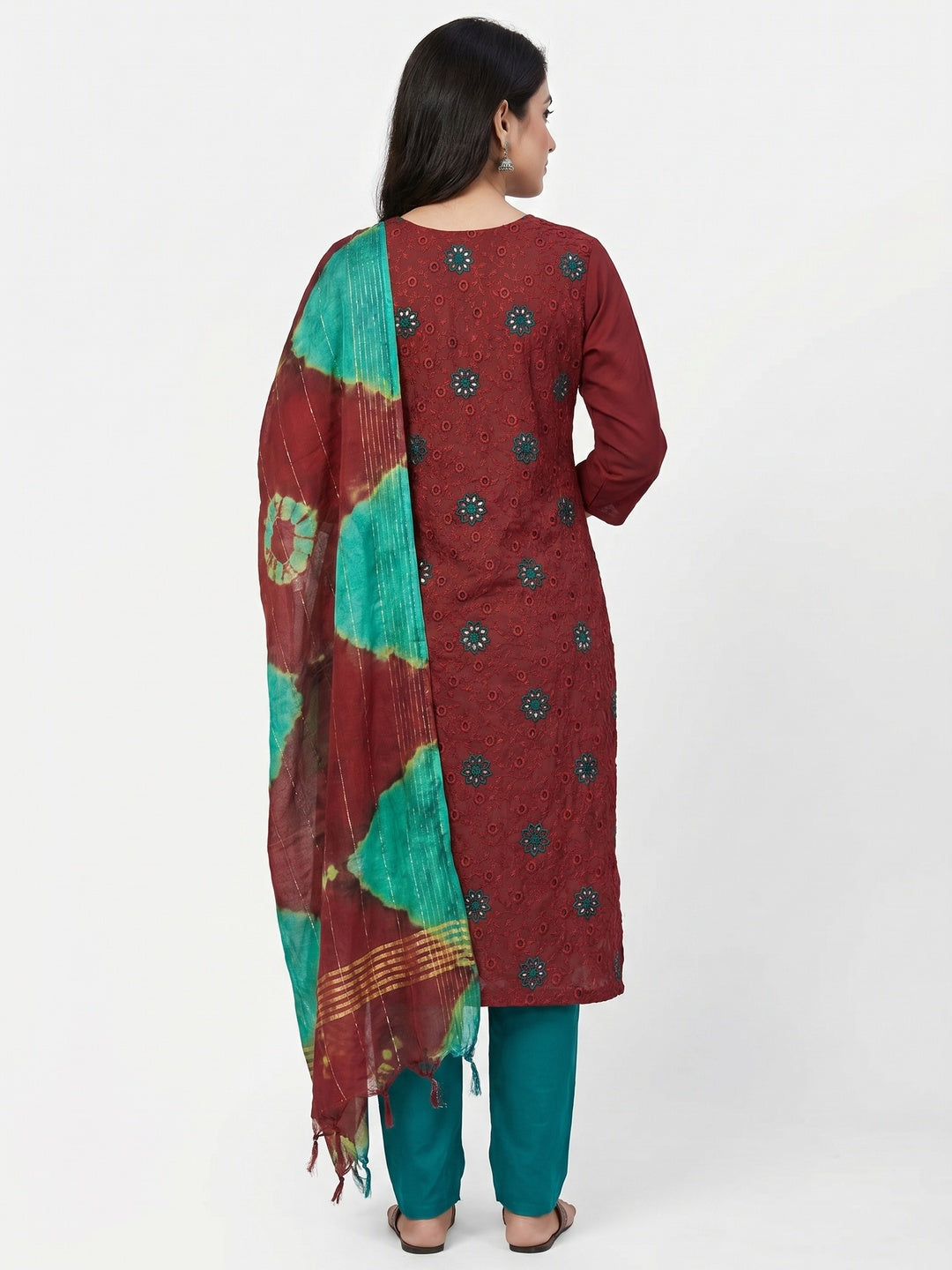 Red Embroidered Sequins Cotton Blend Dress Material - Image 2
