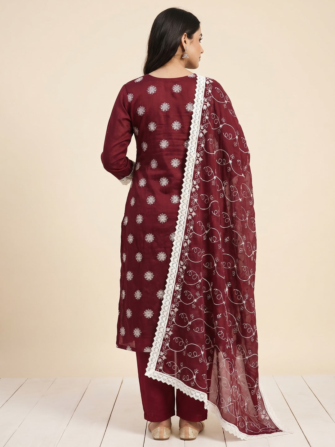 Maroon Floral Embroidered Chanderi Dress Material - Image 2