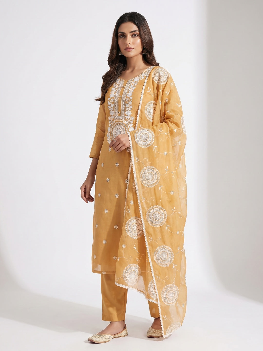 Chikoo Floral Embroidered Chanderi Dress Material - Image 1
