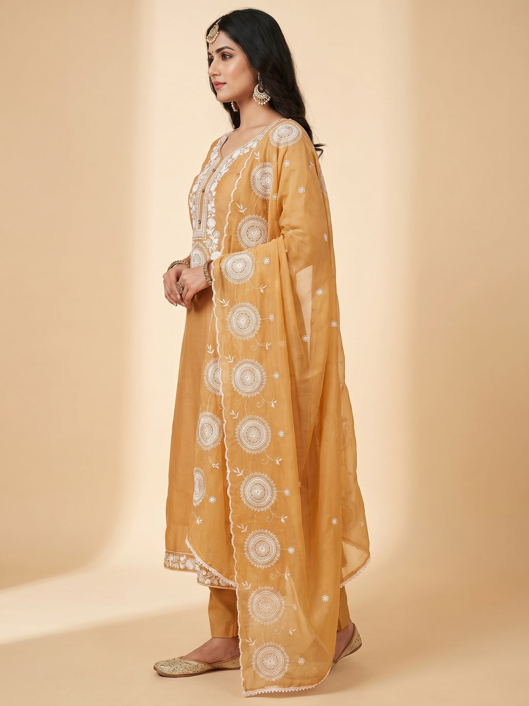 Chikoo Floral Embroidered Chanderi Dress Material - Image 3