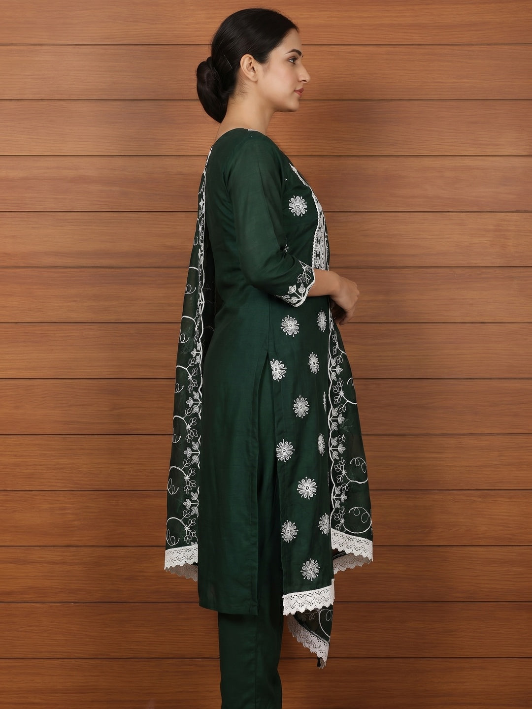 Bottle Green Floral Embroidered Chanderi Dress Material - Image 3