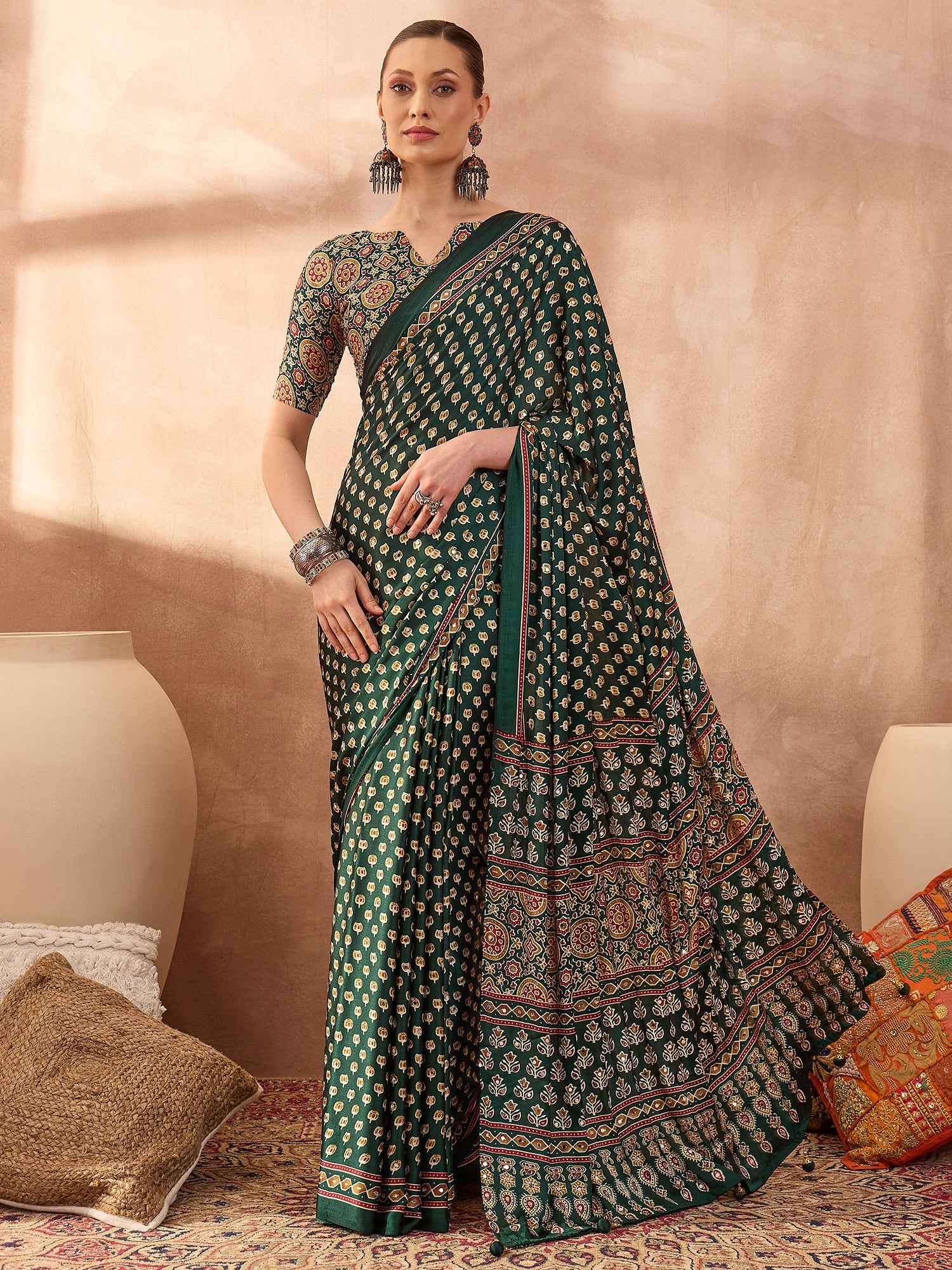Peachmode Green Semi Modal Saree with Mirror Work - Image 1