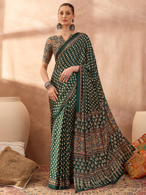 Peachmode Green Semi Modal Saree with Mirror Work - Image 1
