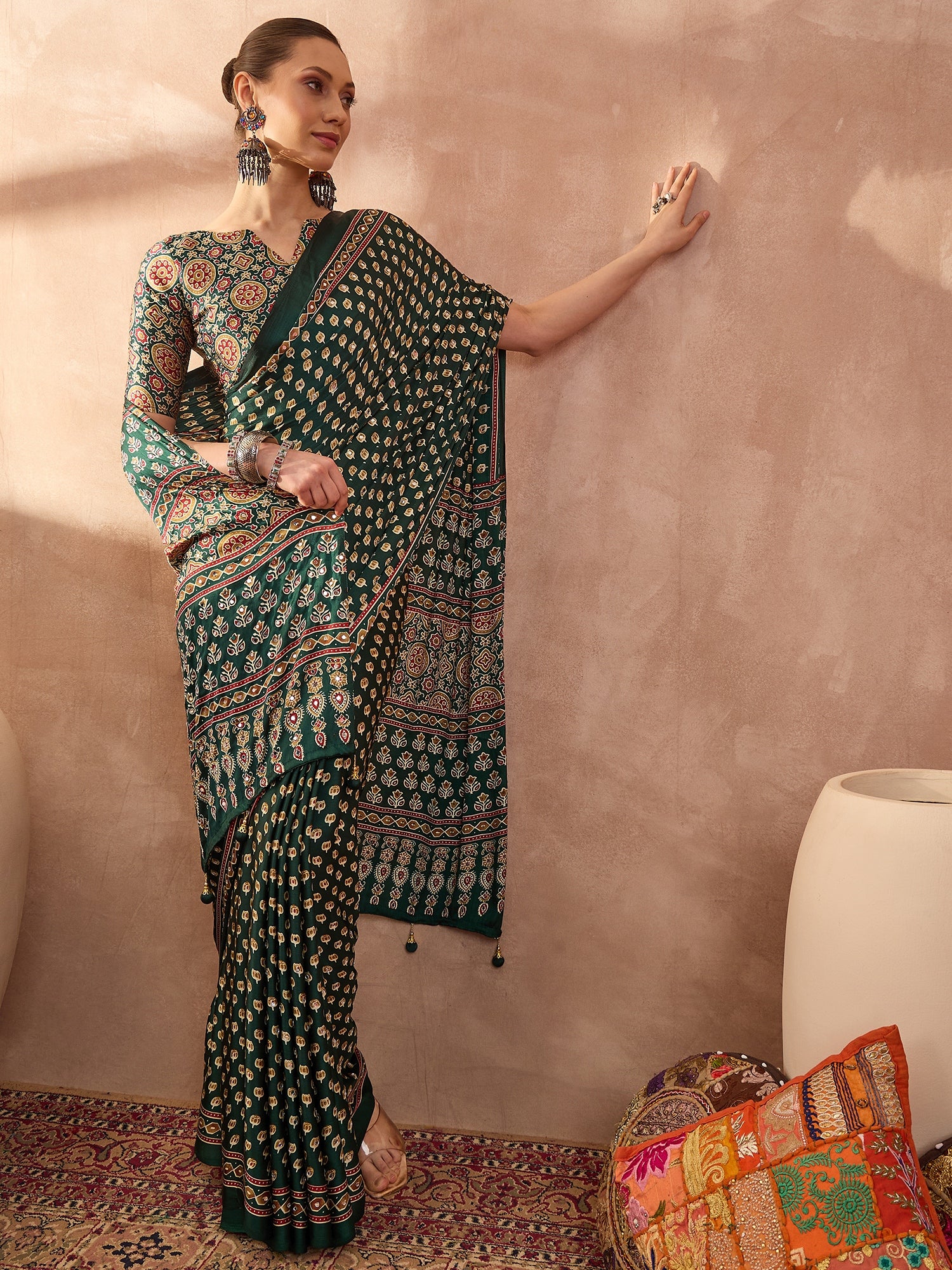Peachmode Green Semi Modal Saree with Mirror Work - Image 3