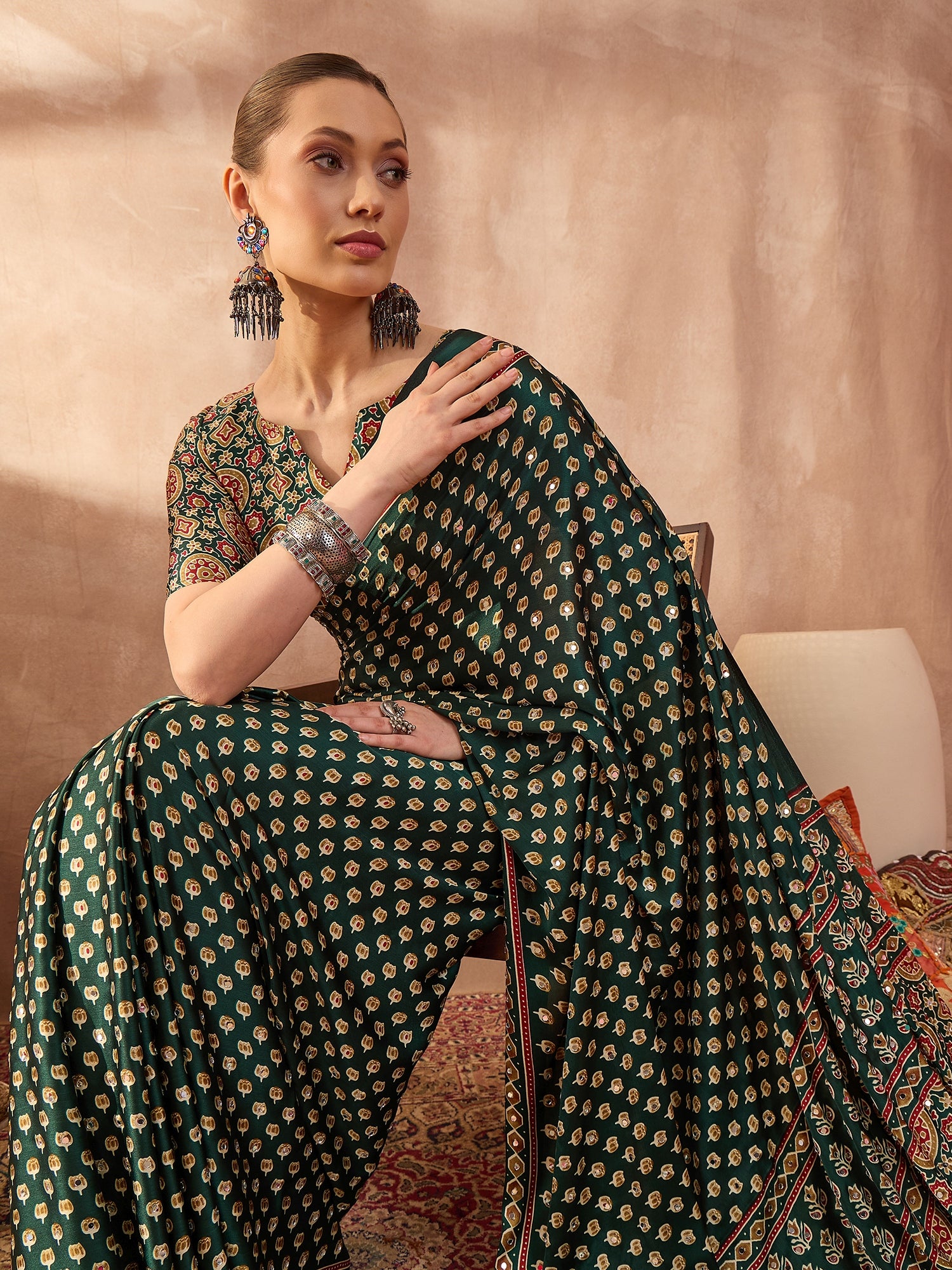 Peachmode Green Semi Modal Saree with Mirror Work - Image 4