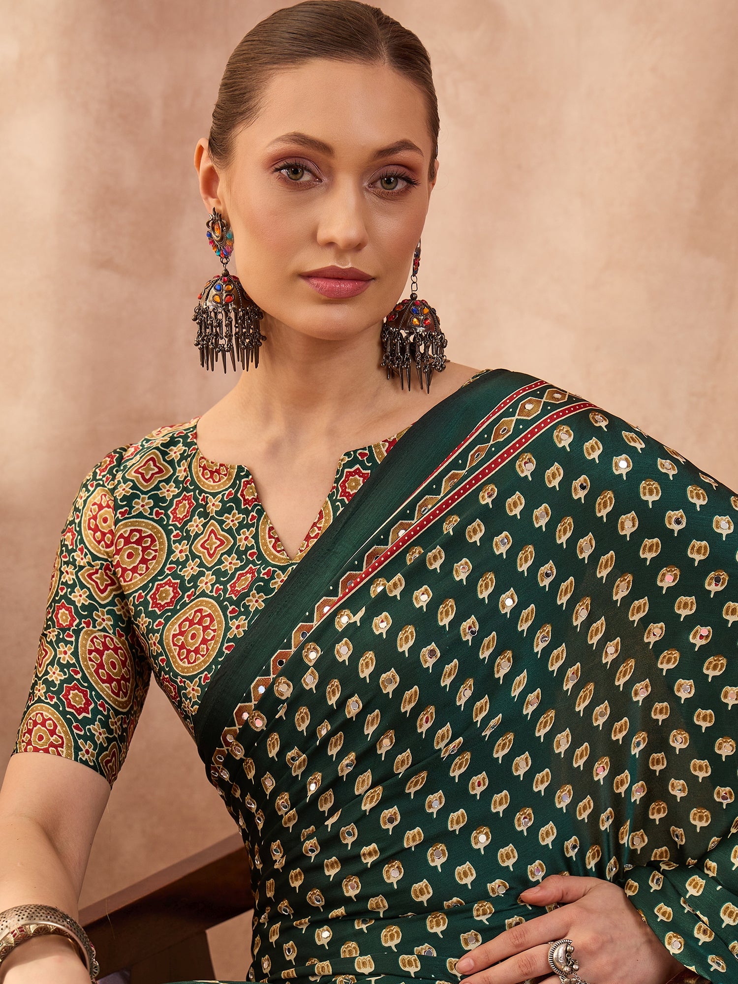 Peachmode Green Semi Modal Saree with Mirror Work - Image 5