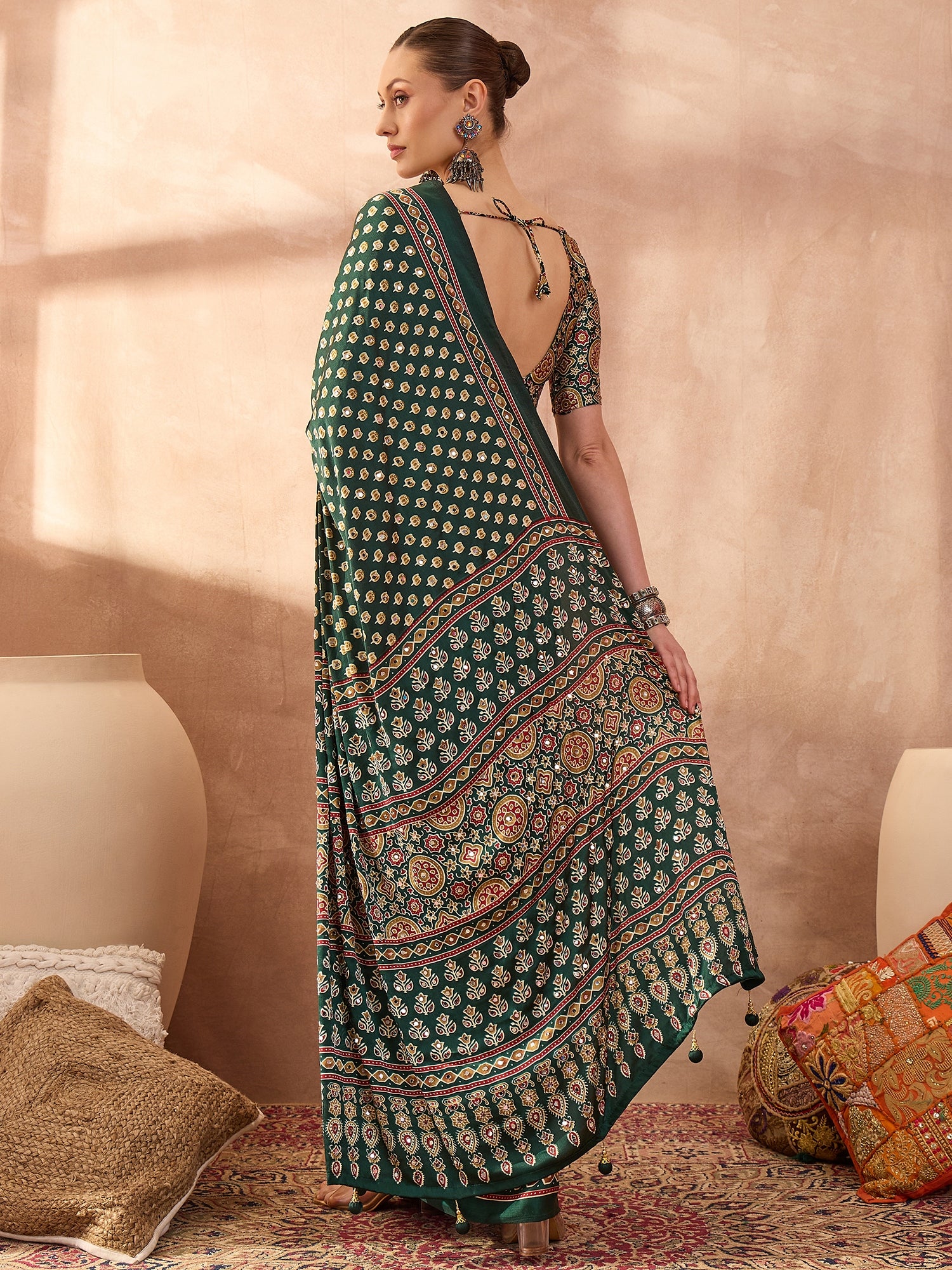 Peachmode Green Semi Modal Saree with Mirror Work - Image 6