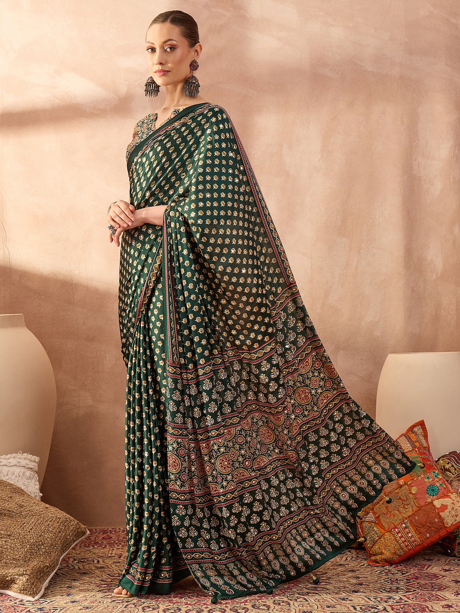 Peachmode Green Semi Modal Saree with Mirror Work - Image 7