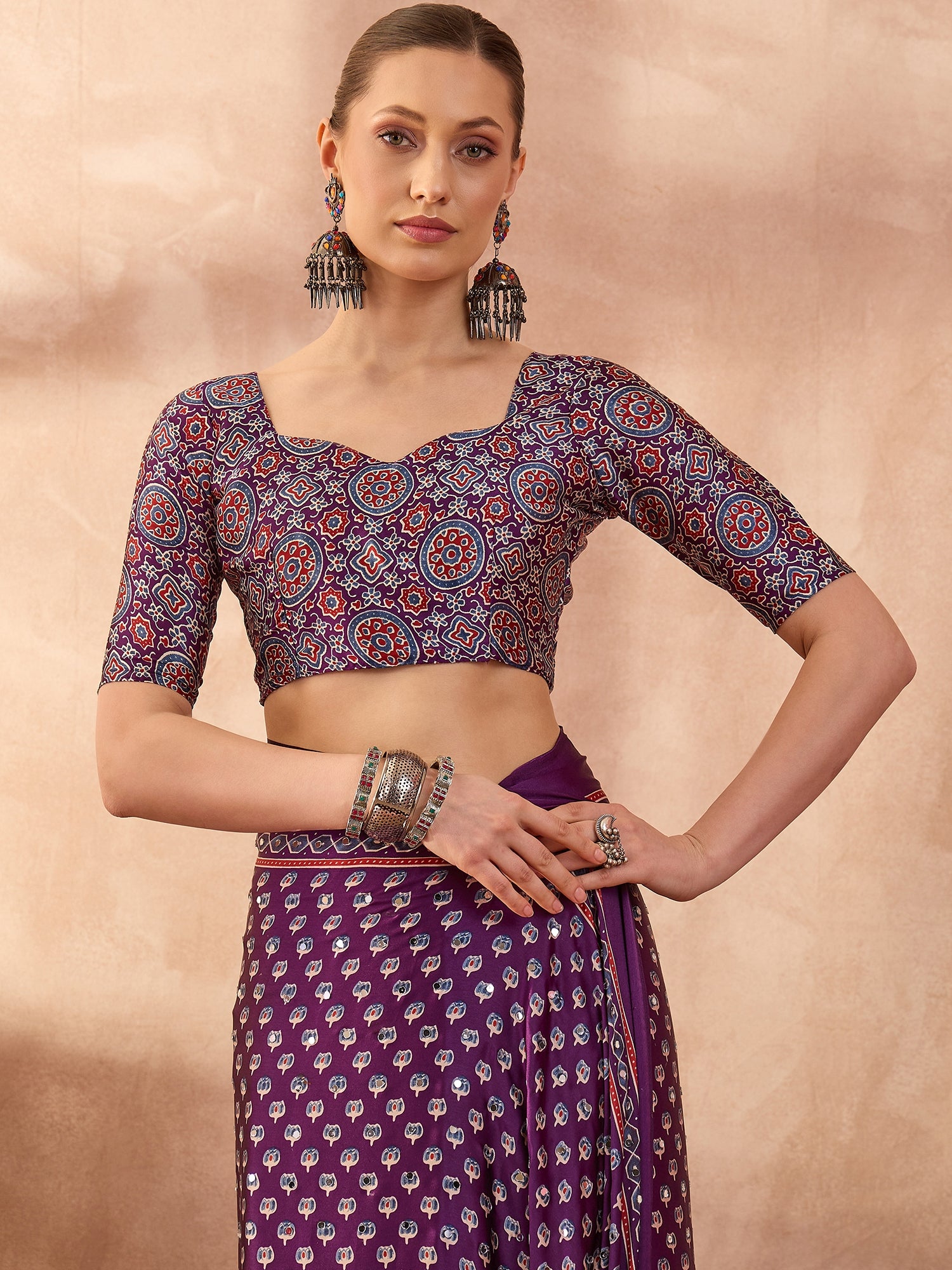 Peachmode Purple Semi Modal Saree with Mirror Work - Image 2