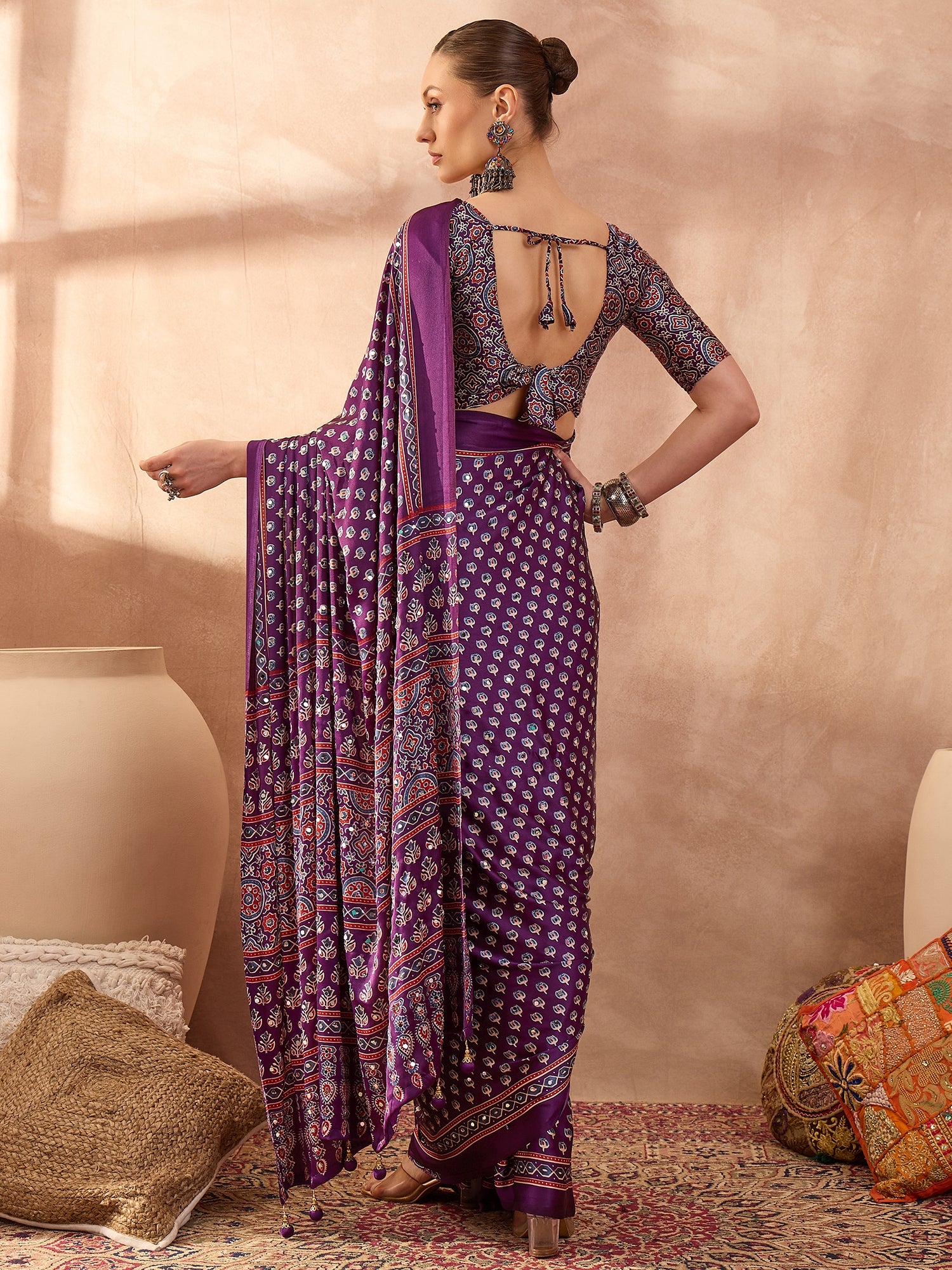 Peachmode Purple Semi Modal Saree with Mirror Work - Image 3