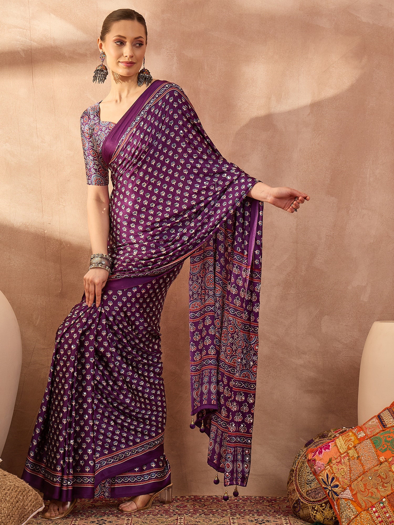 Peachmode Purple Semi Modal Saree with Mirror Work - Image 4