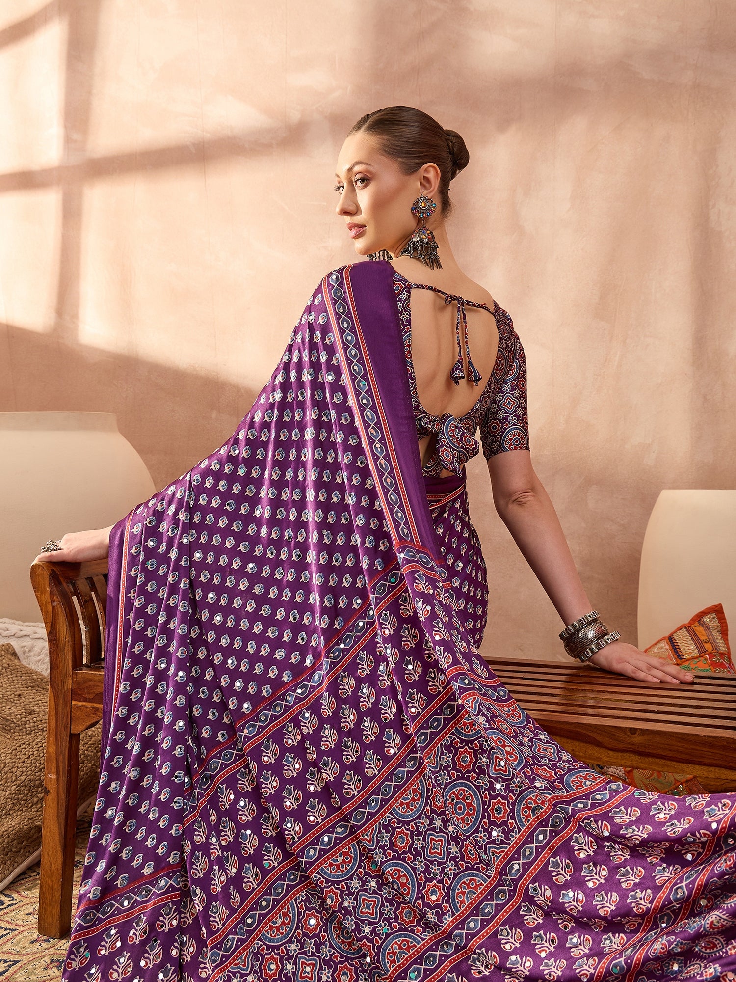 Peachmode Purple Semi Modal Saree with Mirror Work - Image 5