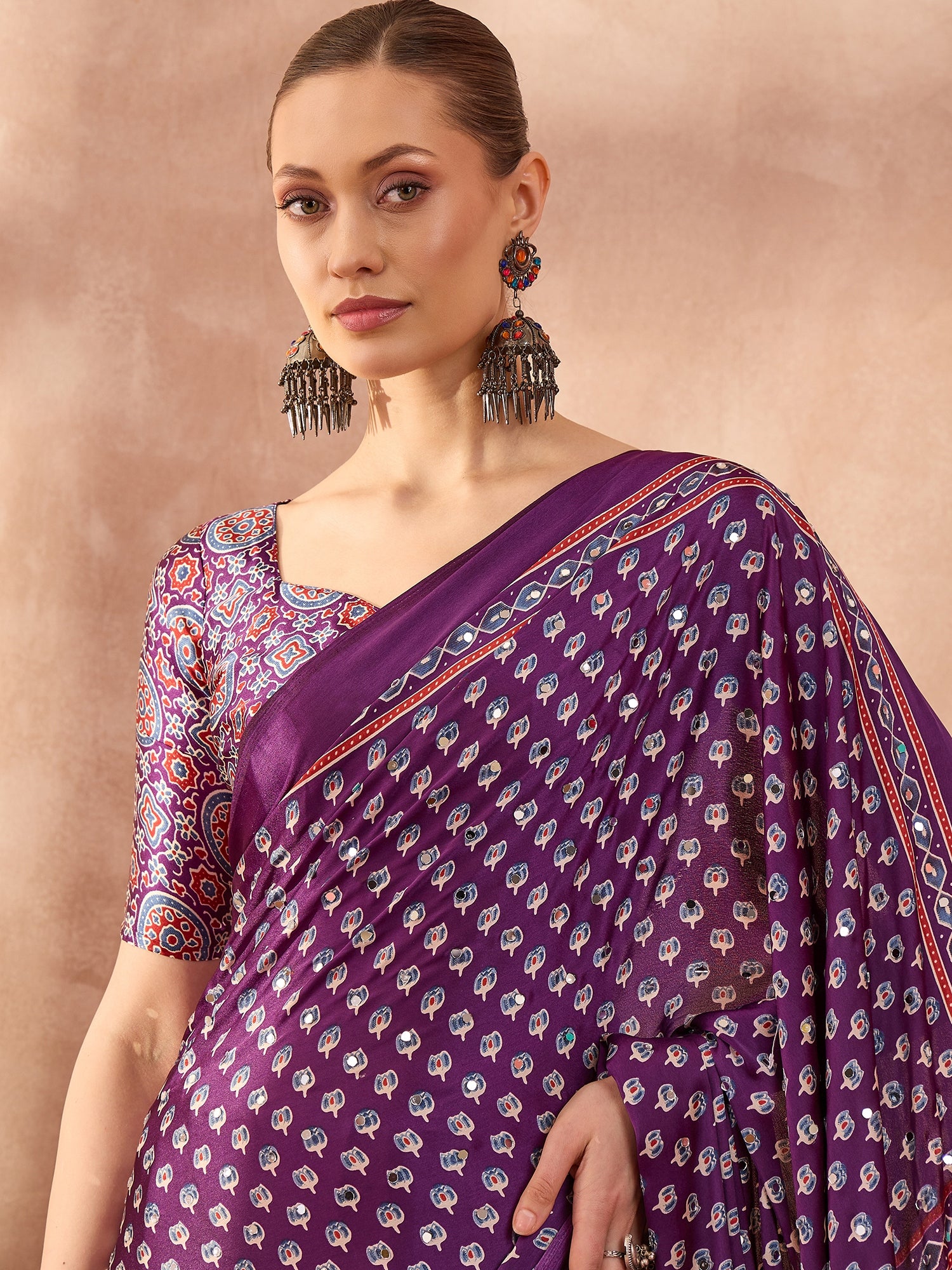Peachmode Purple Semi Modal Saree with Mirror Work - Image 6
