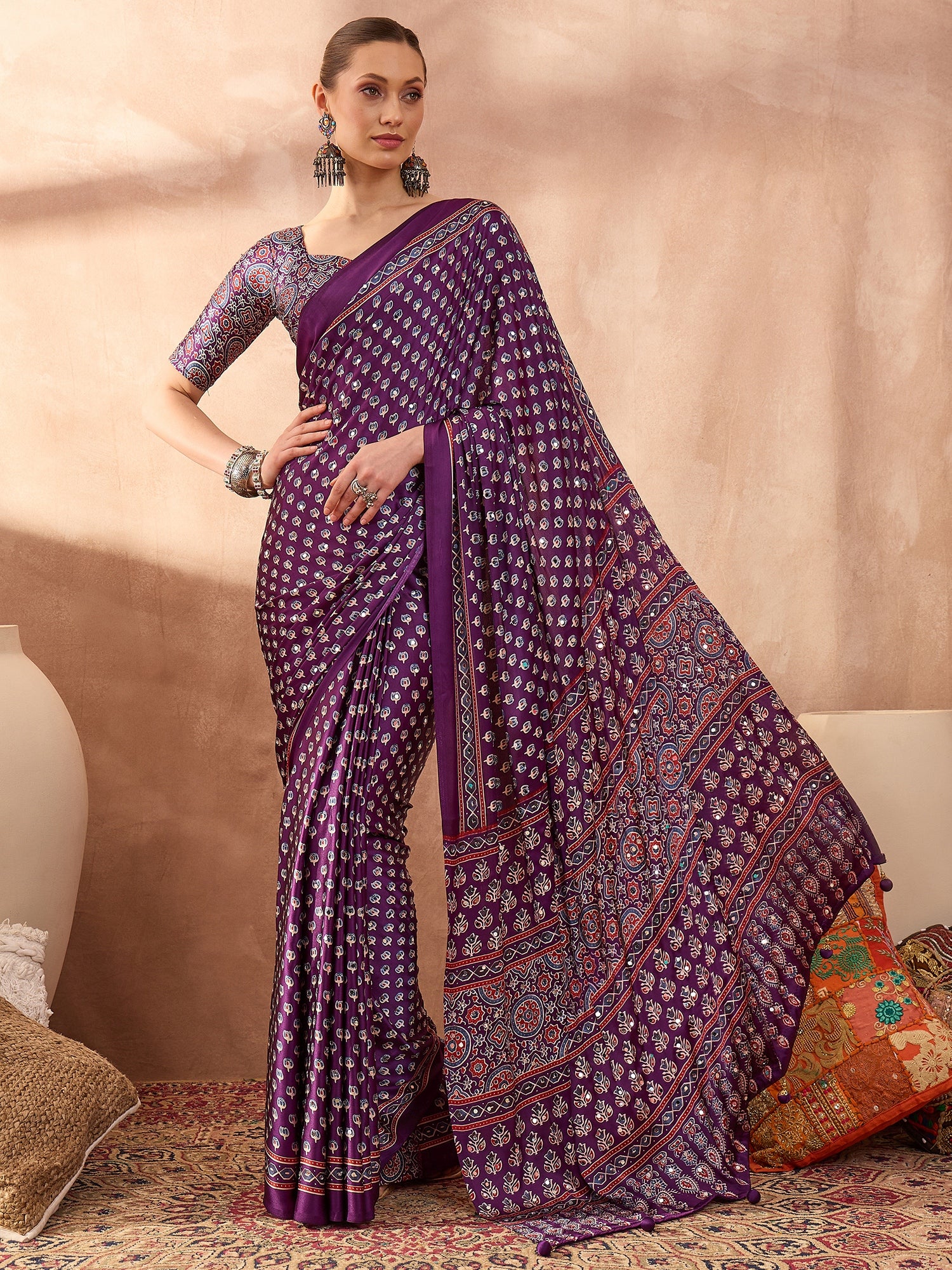 Peachmode Purple Semi Modal Saree with Mirror Work - Image 1