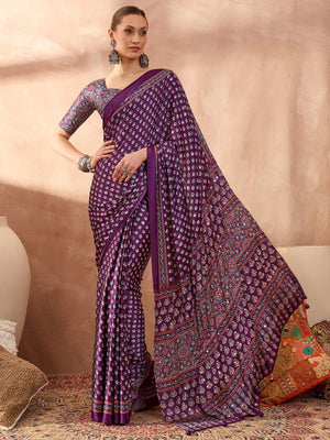 Peachmode Purple Semi Modal Saree with Mirror Work - Image 1