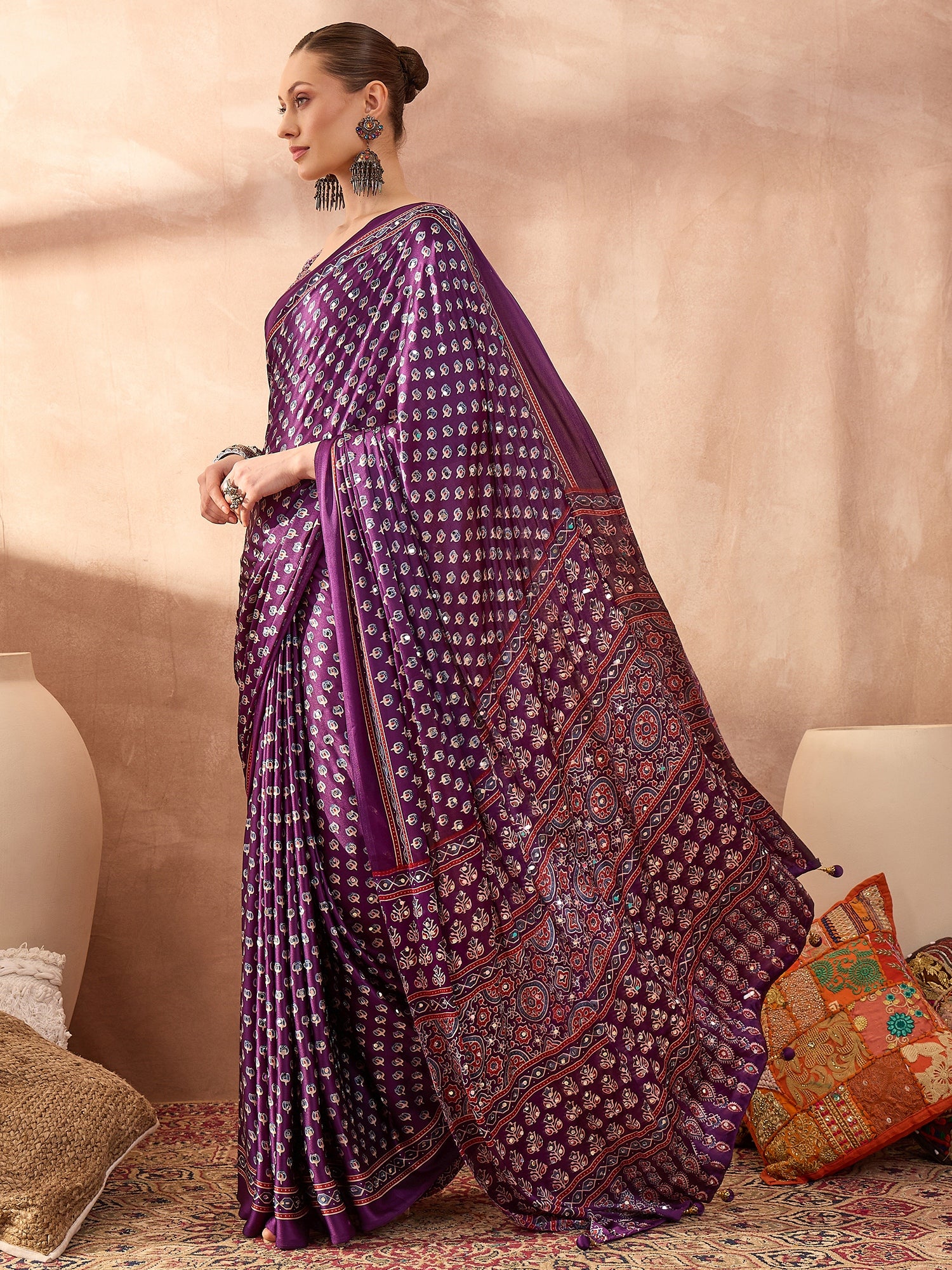 Peachmode Purple Semi Modal Saree with Mirror Work - Image 7