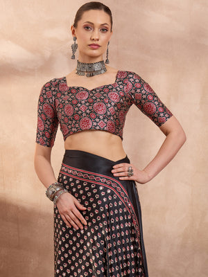 Peachmode Black Semi Modal Saree with Mirror Work - Image 2