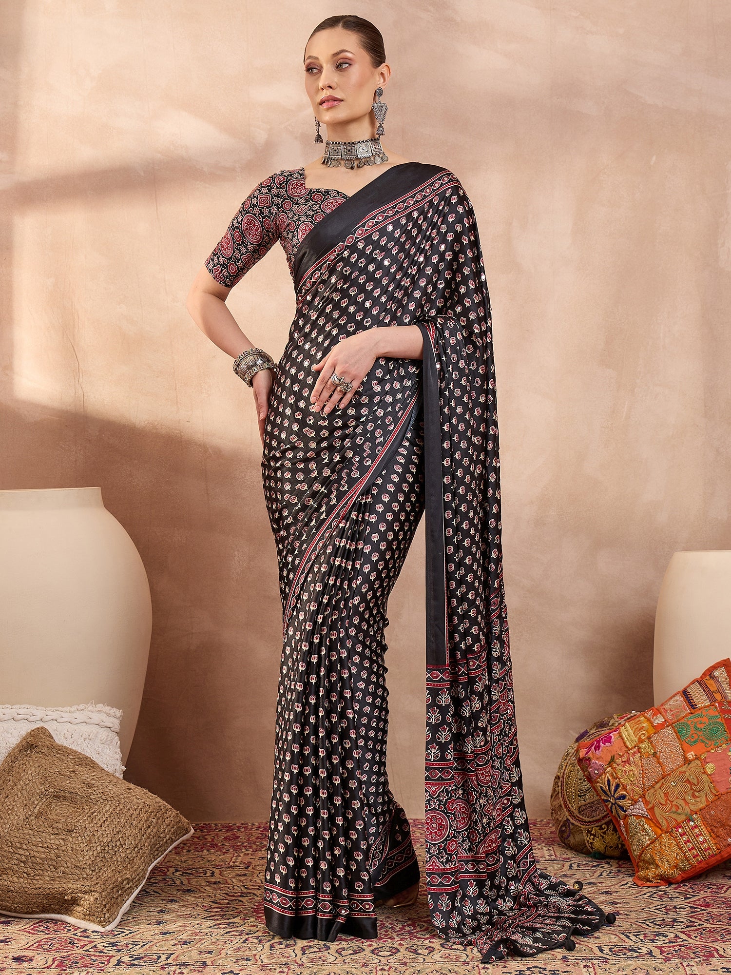 Peachmode Black Semi Modal Saree with Mirror Work - Image 1