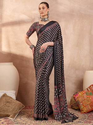 Peachmode Black Semi Modal Saree with Mirror Work - Image 1