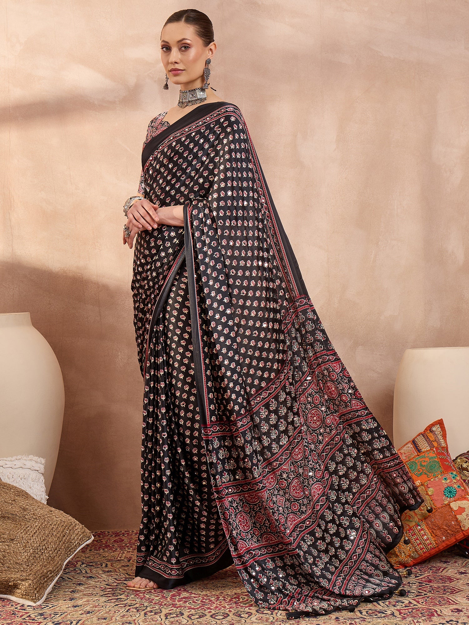 Peachmode Black Semi Modal Saree with Mirror Work - Image 3