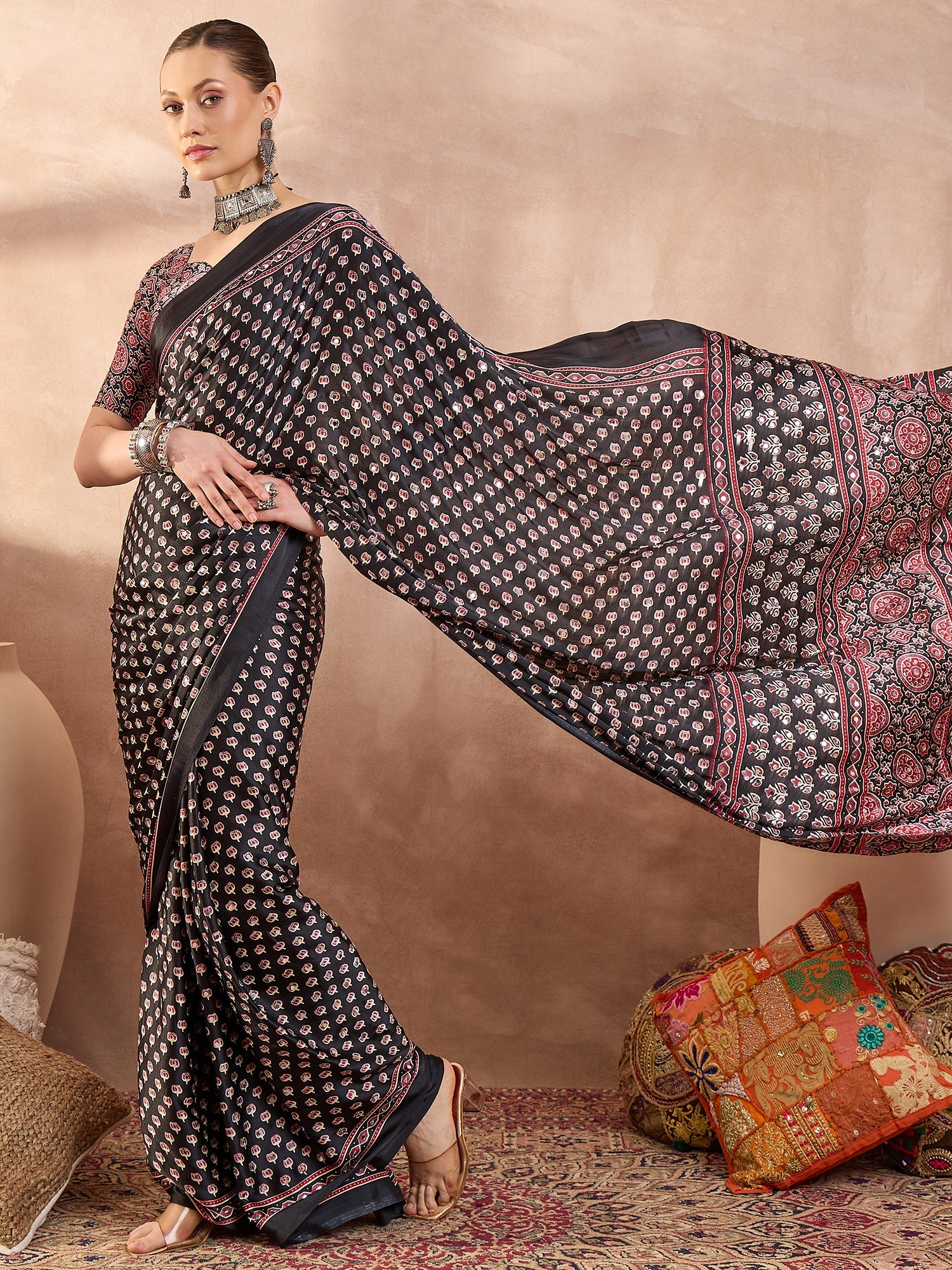 Peachmode Black Semi Modal Saree with Mirror Work - Image 4