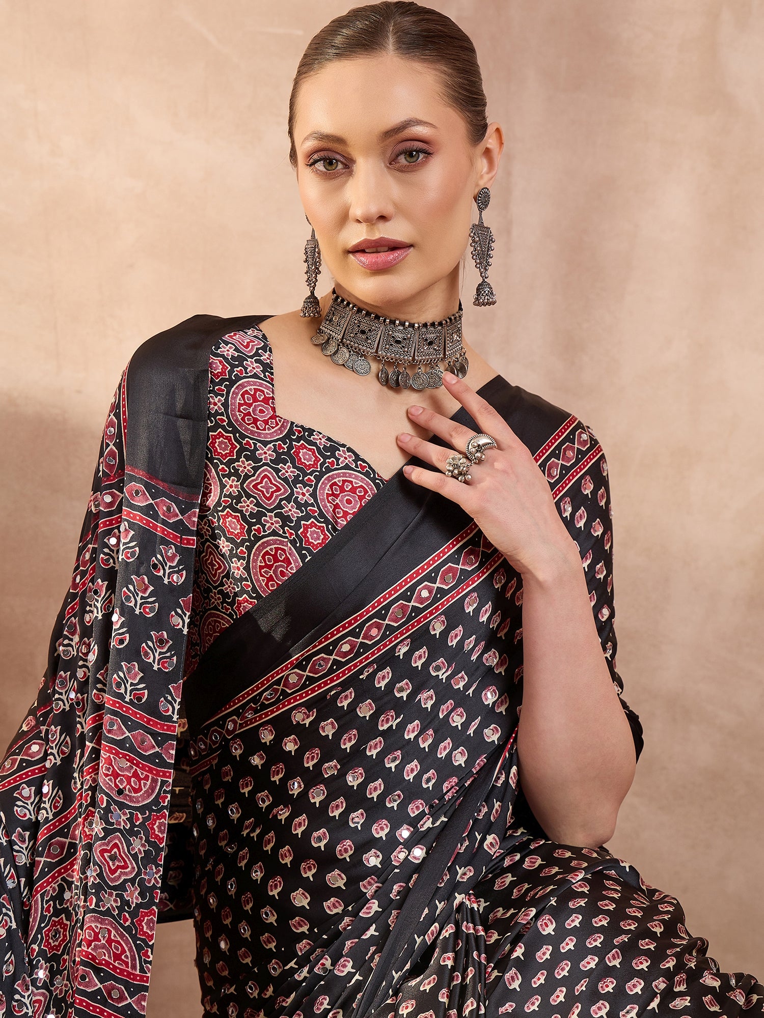 Peachmode Black Semi Modal Saree with Mirror Work - Image 6