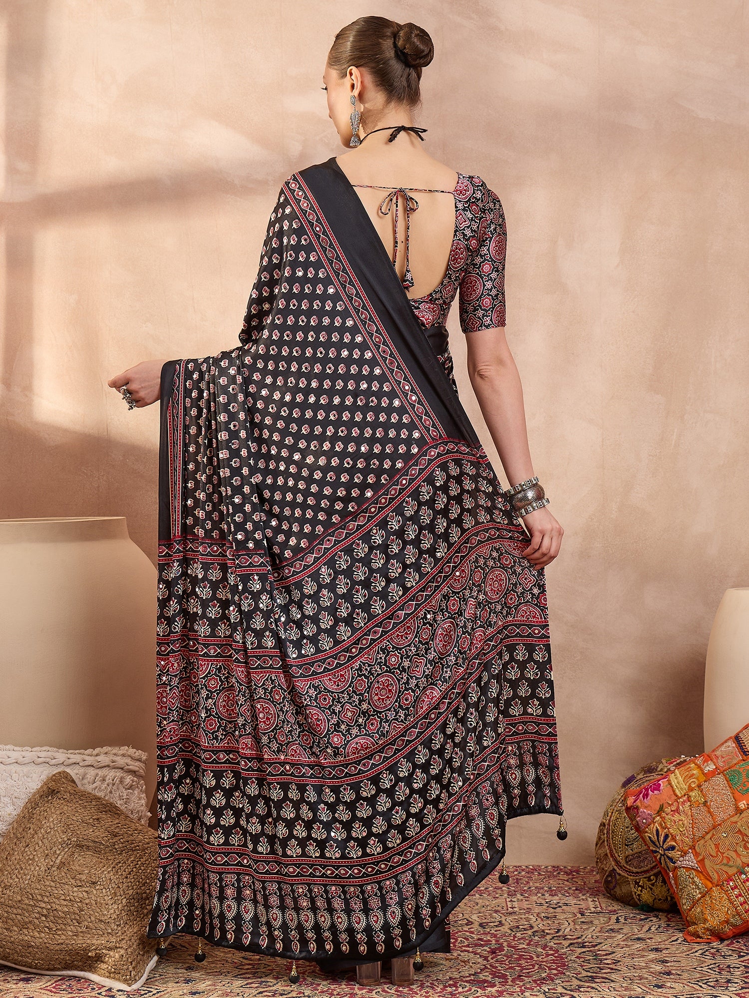 Peachmode Black Semi Modal Saree with Mirror Work - Image 7