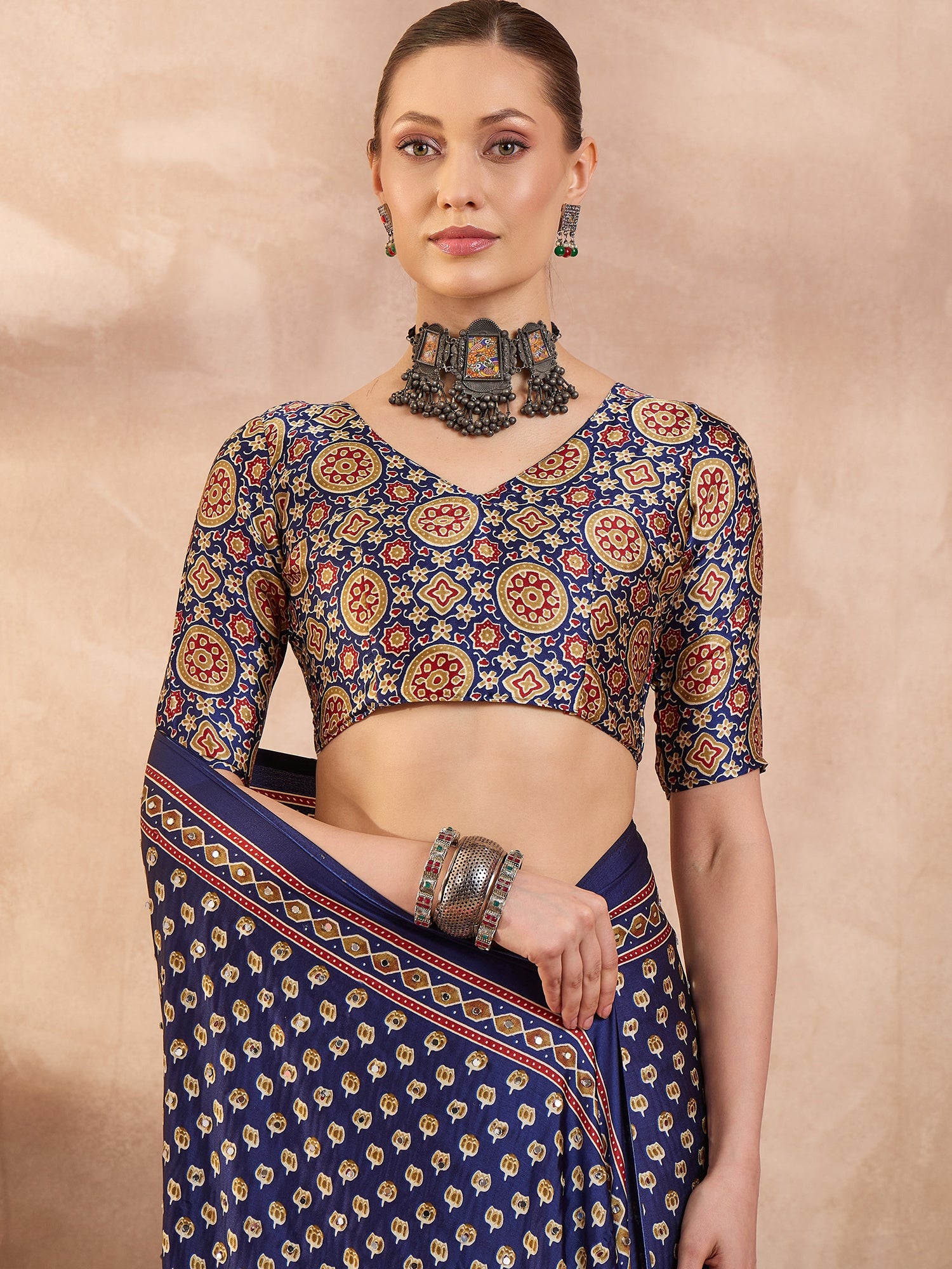 Peachmode Blue Semi Modal Saree with Mirror Work - Image 2