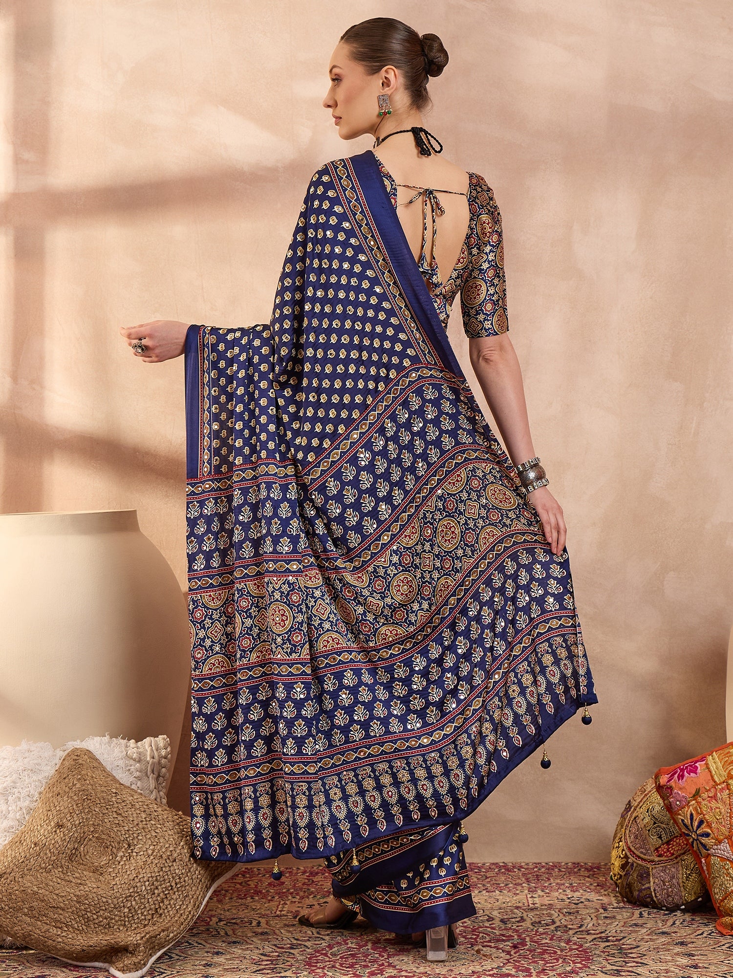 Peachmode Blue Semi Modal Saree with Mirror Work - Image 3