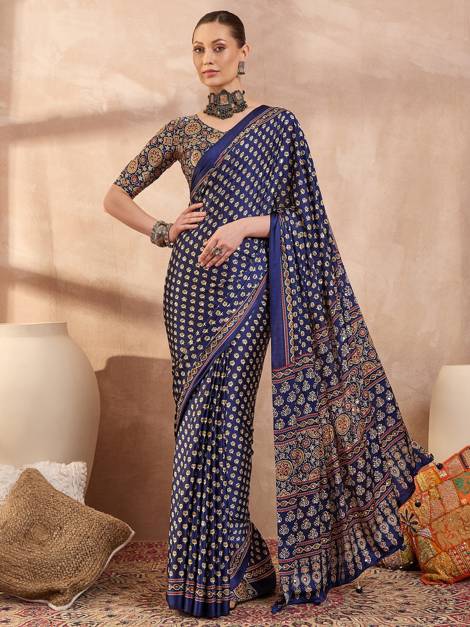 Peachmode Blue Semi Modal Saree with Mirror Work - Image 1
