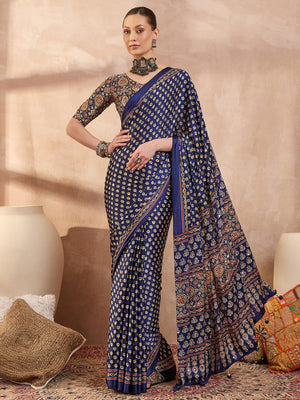 Peachmode Blue Semi Modal Saree with Mirror Work - Image 1