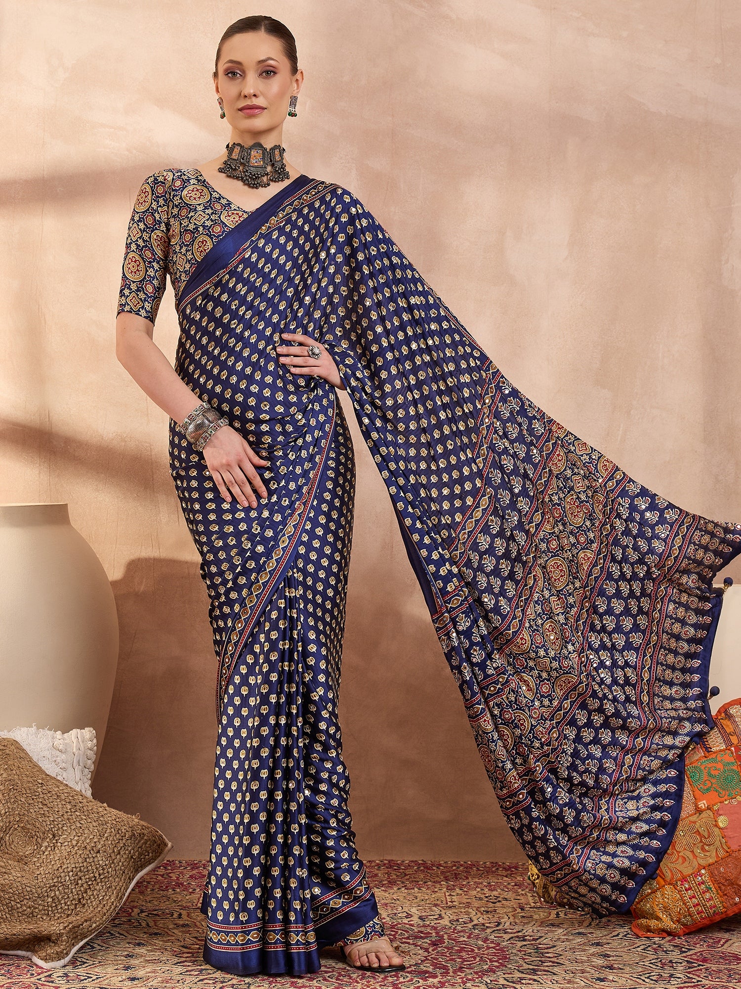 Peachmode Blue Semi Modal Saree with Mirror Work - Image 5