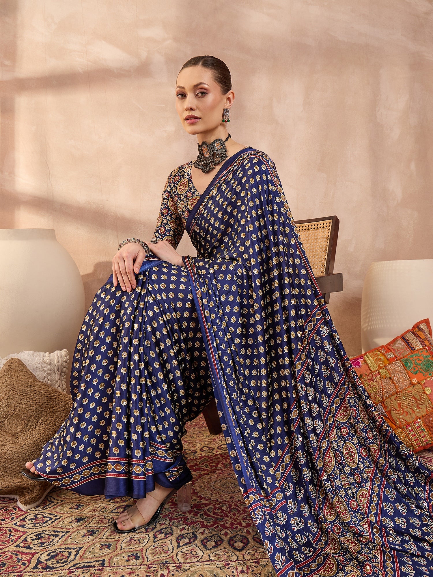 Peachmode Blue Semi Modal Saree with Mirror Work - Image 6
