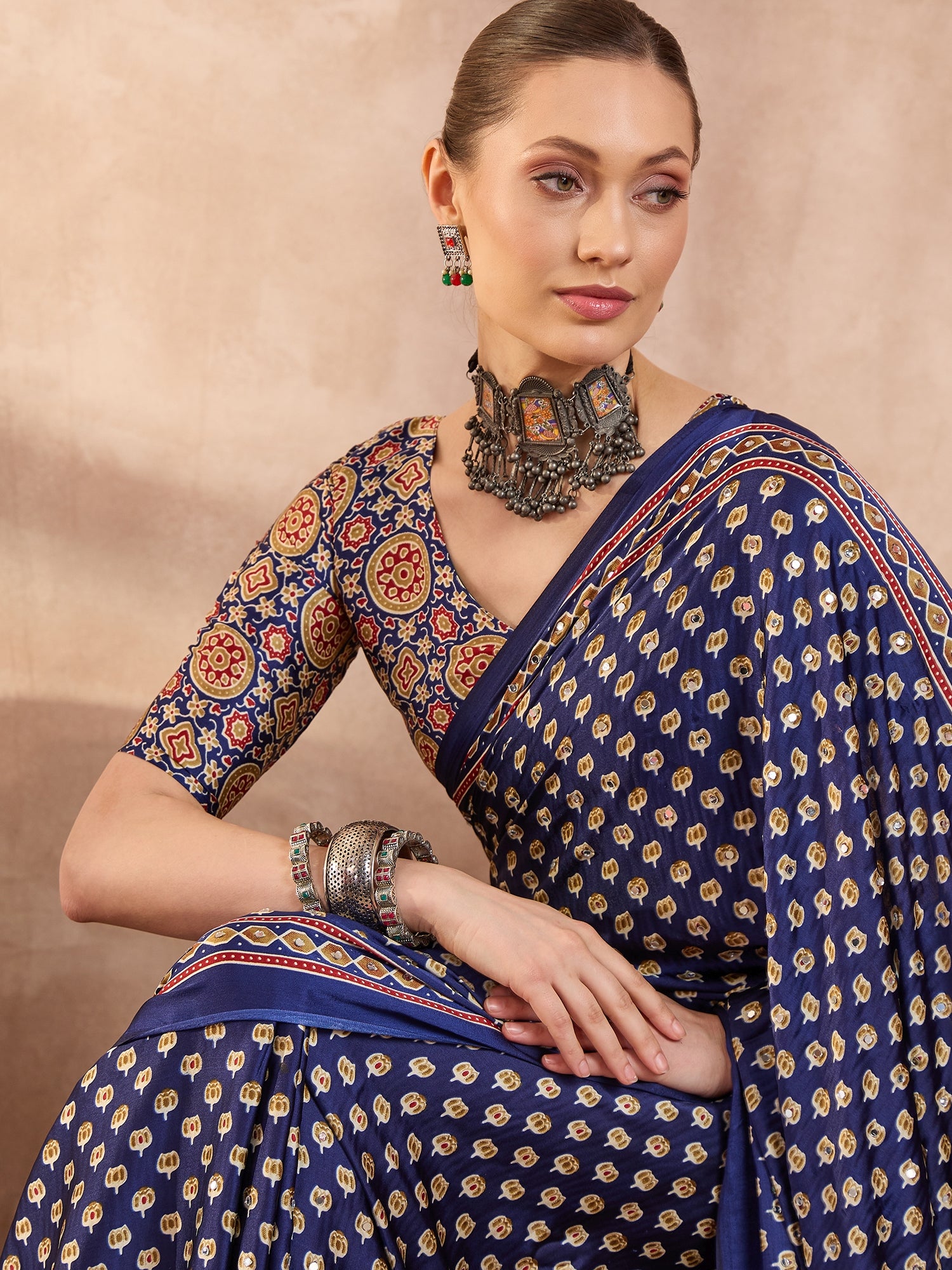 Peachmode Blue Semi Modal Saree with Mirror Work - Image 7
