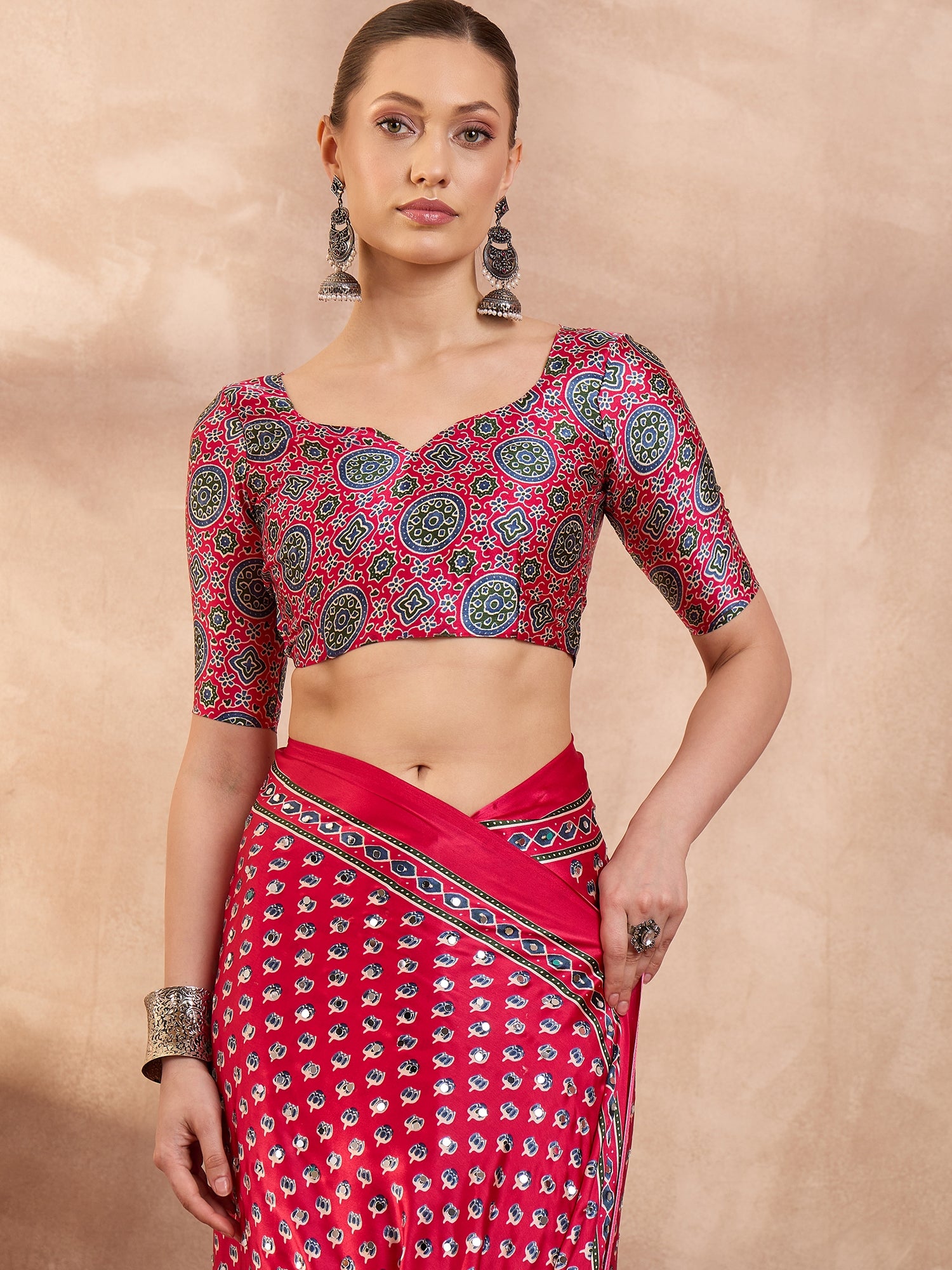 Peachmode Pink Semi Modal Saree with Mirror Work - Image 2