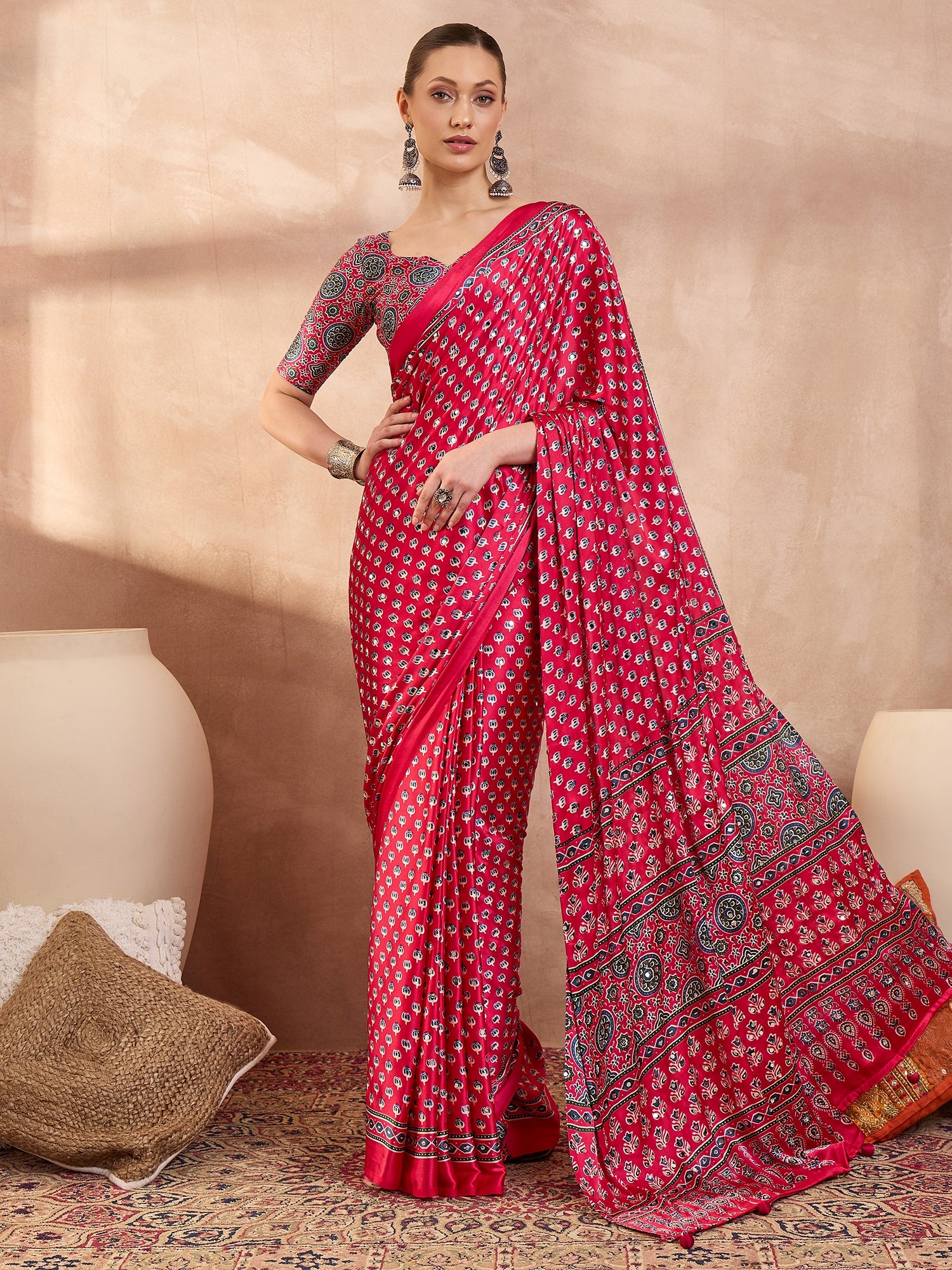 Peachmode Pink Semi Modal Saree with Mirror Work - Image 1