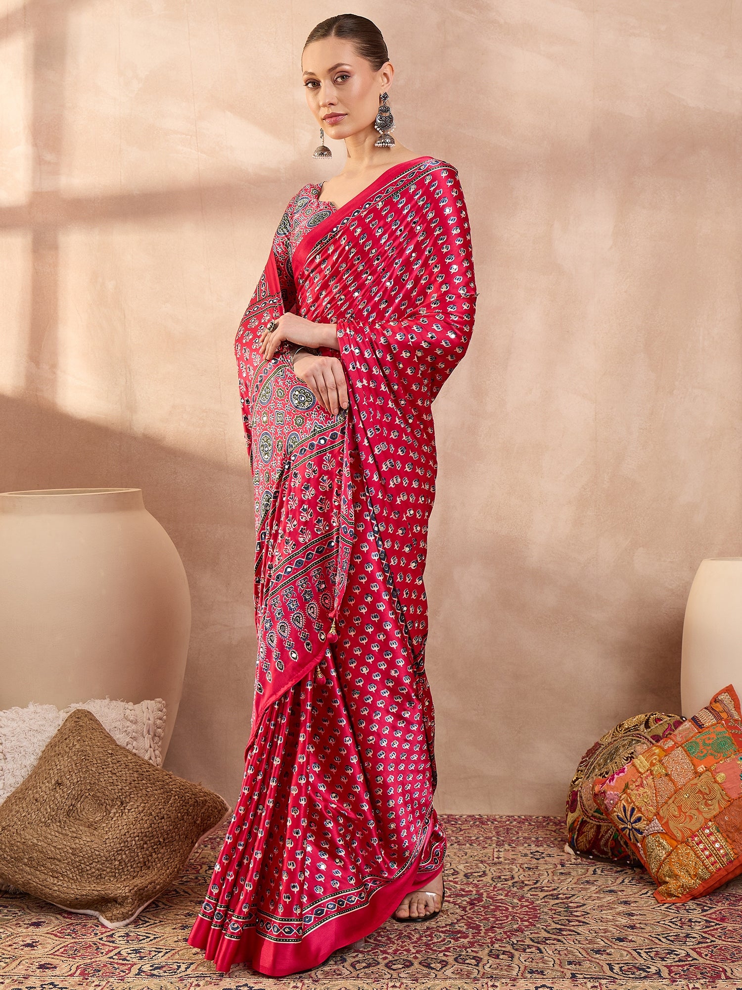Peachmode Pink Semi Modal Saree with Mirror Work - Image 5