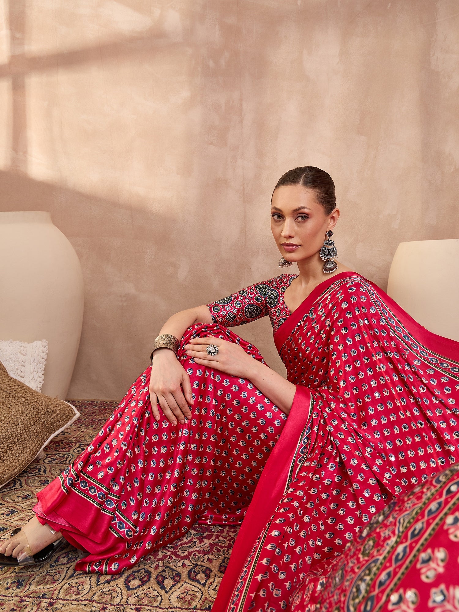 Peachmode Pink Semi Modal Saree with Mirror Work - Image 6