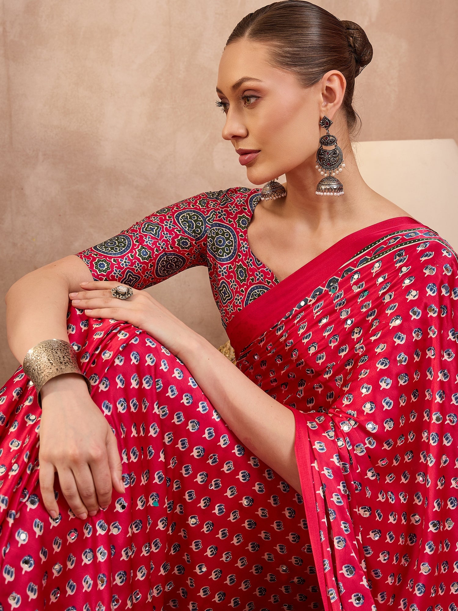 Peachmode Pink Semi Modal Saree with Mirror Work - Image 7