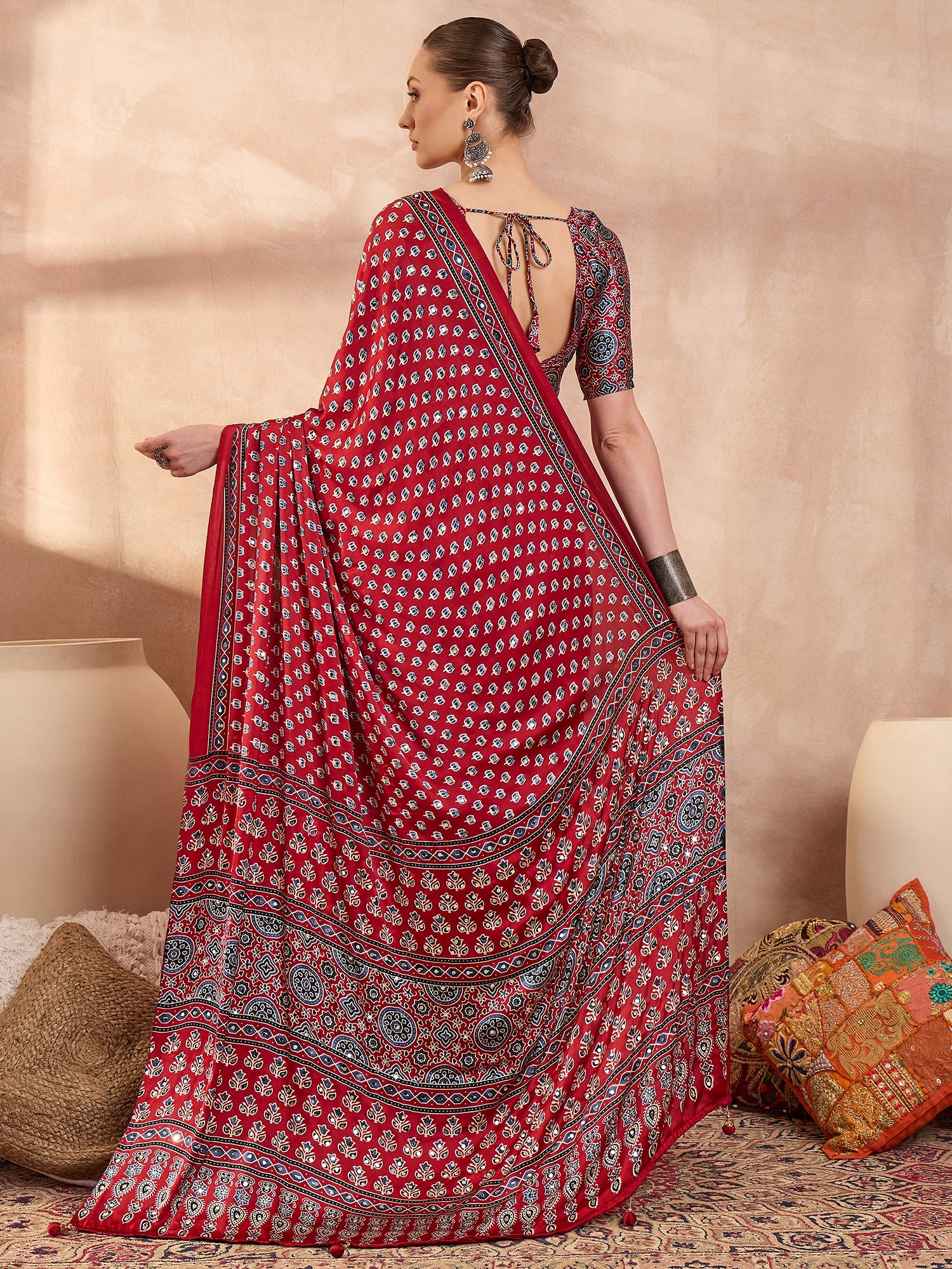 Peachmode Red Semi Modal Saree with Mirror Work - Image 3