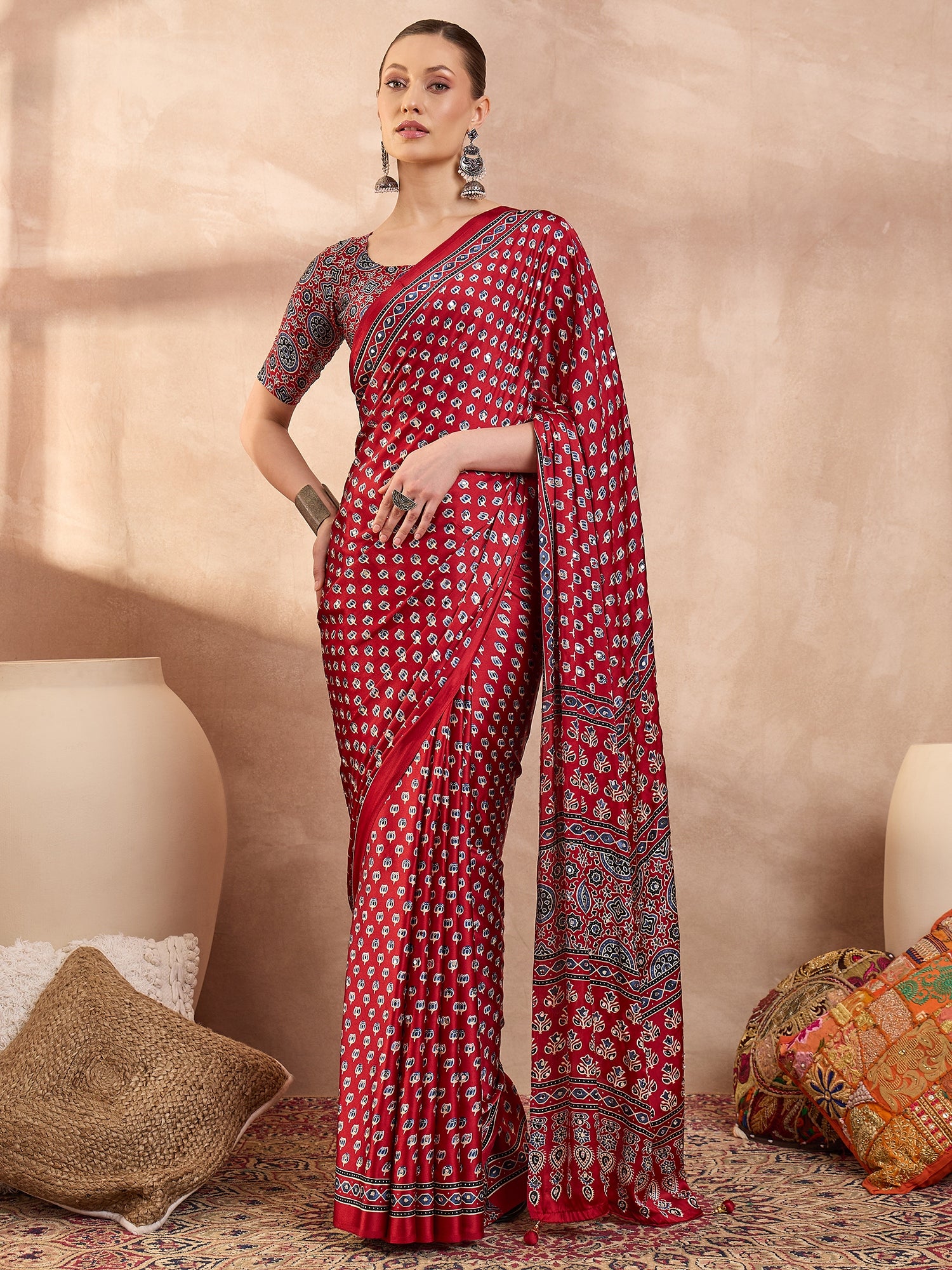 Peachmode Red Semi Modal Saree with Mirror Work - Image 1