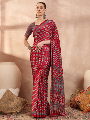 Peachmode Red Semi Modal Saree with Mirror Work - Image 1