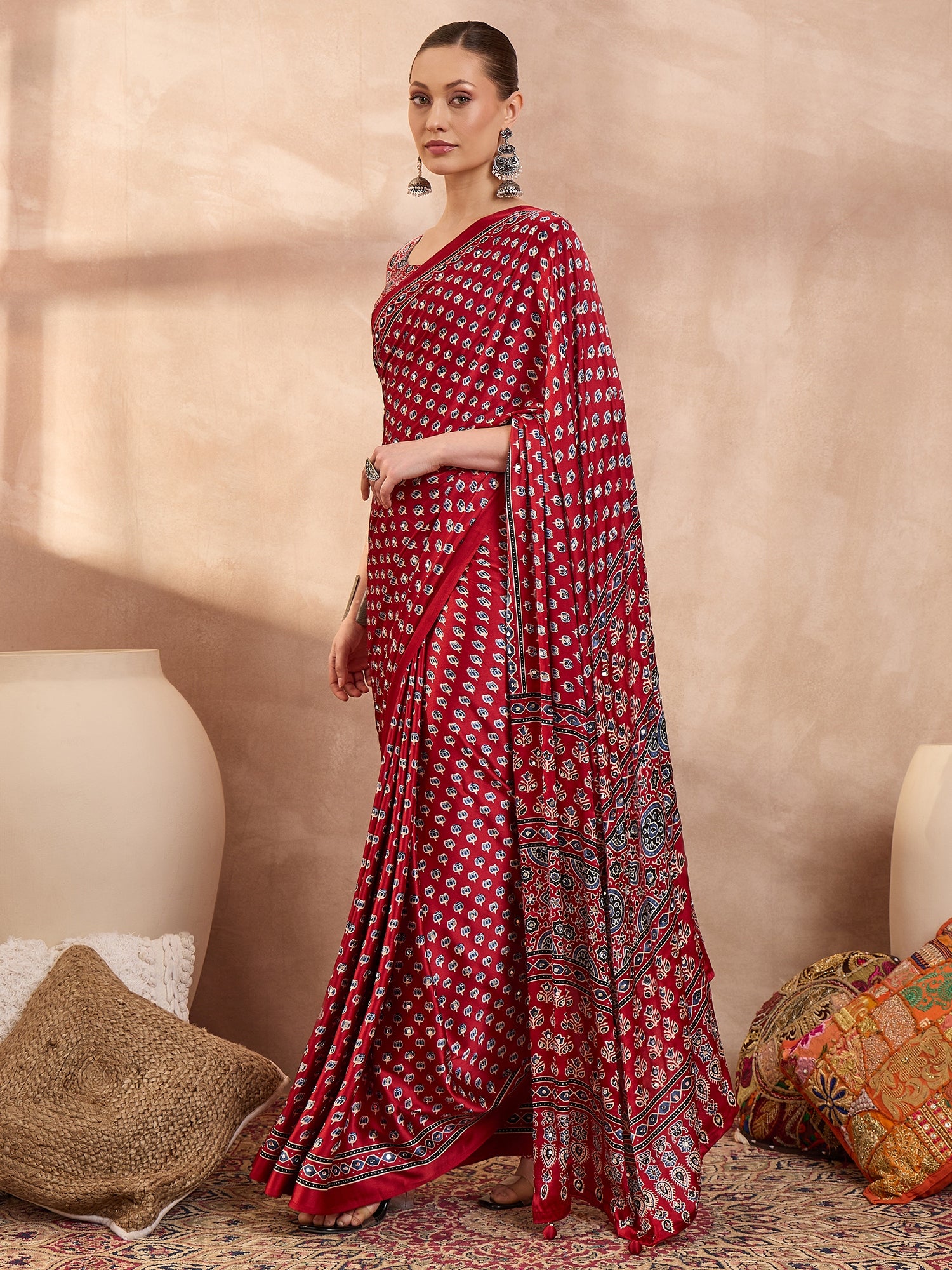 Peachmode Red Semi Modal Saree with Mirror Work - Image 4